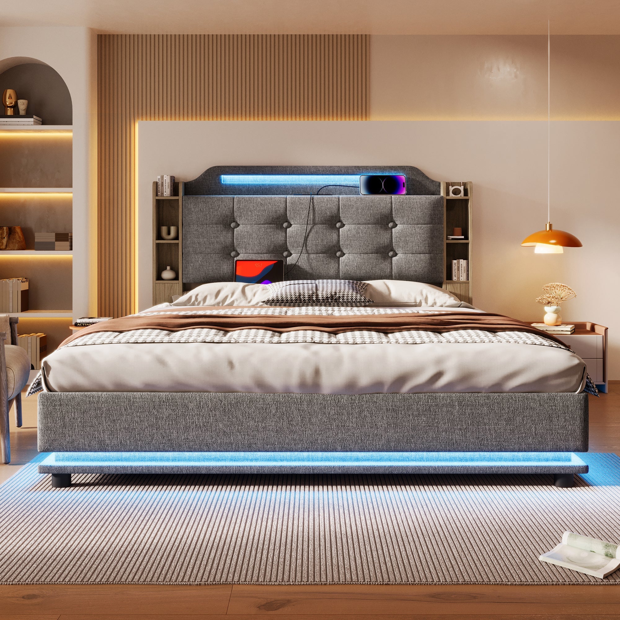 Upholstered Bed 140x200cm, LED Light Strip, Hydraulic Storage, USB + Type-C, Grey Linen