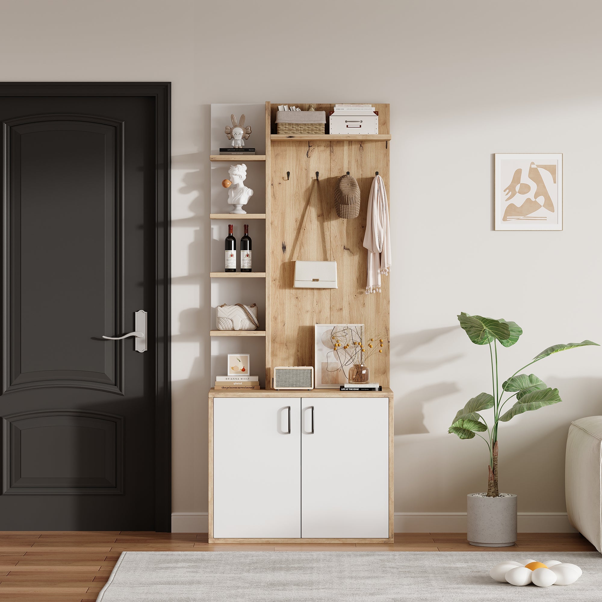 Coat Rack, 75x33x180cm Wardrobe, Shoe Storage & Hooks, Wood & White