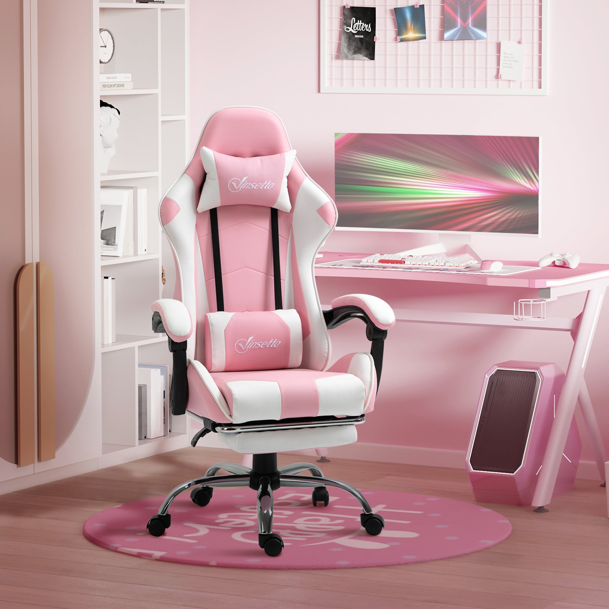 Vinsetto Gaming Computer Chair Ergonomic Office with Headrest Lumbar Cushion Pink+White