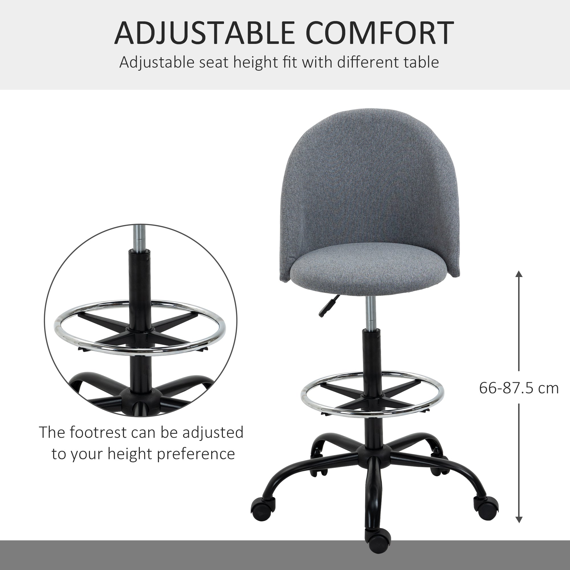 Ergonomic Drafting Chair Adjustable Height 360° Swivel Grey