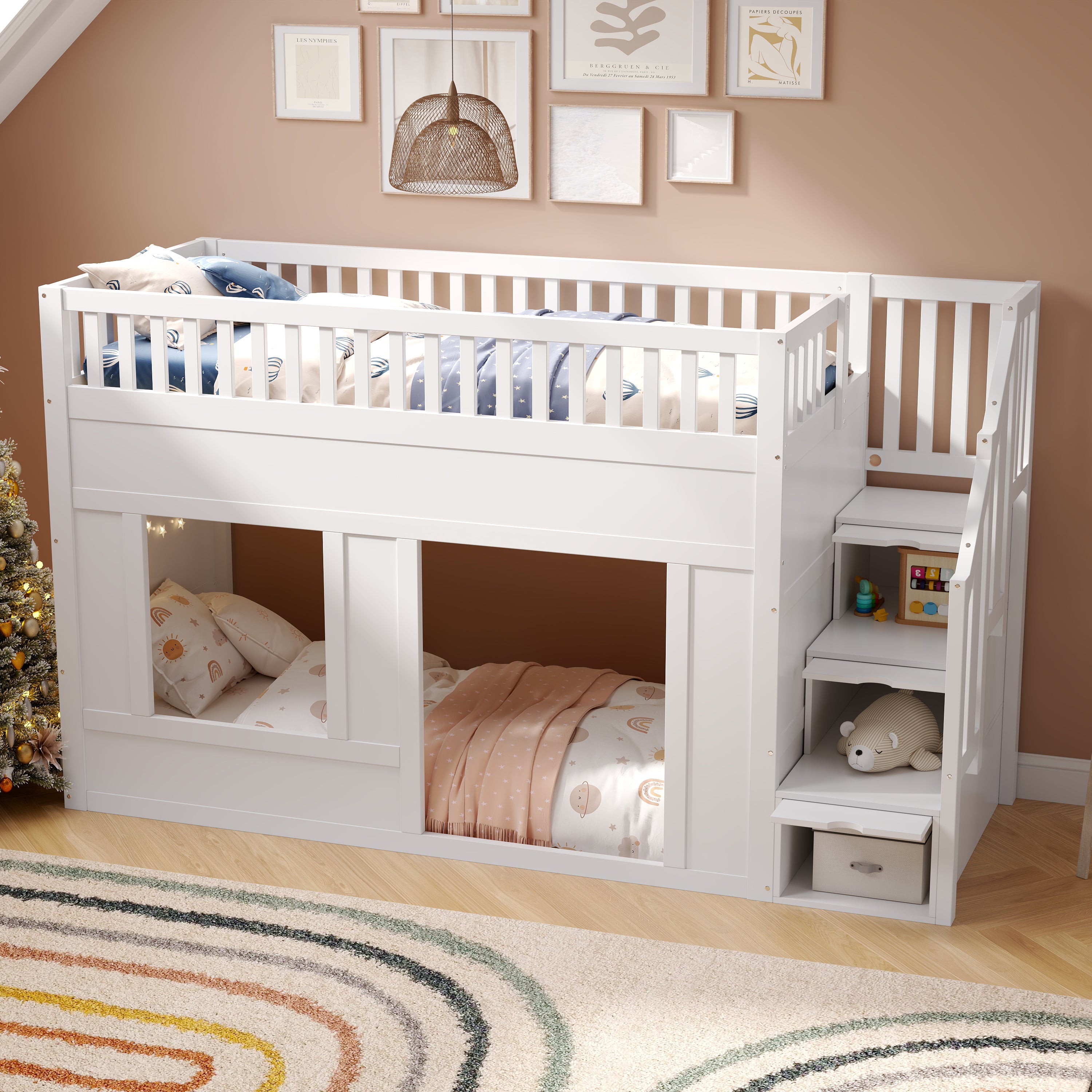 Bunk Loft Bed with Staircase Wardrobe and Convertible Play Area, 90x200cm, White