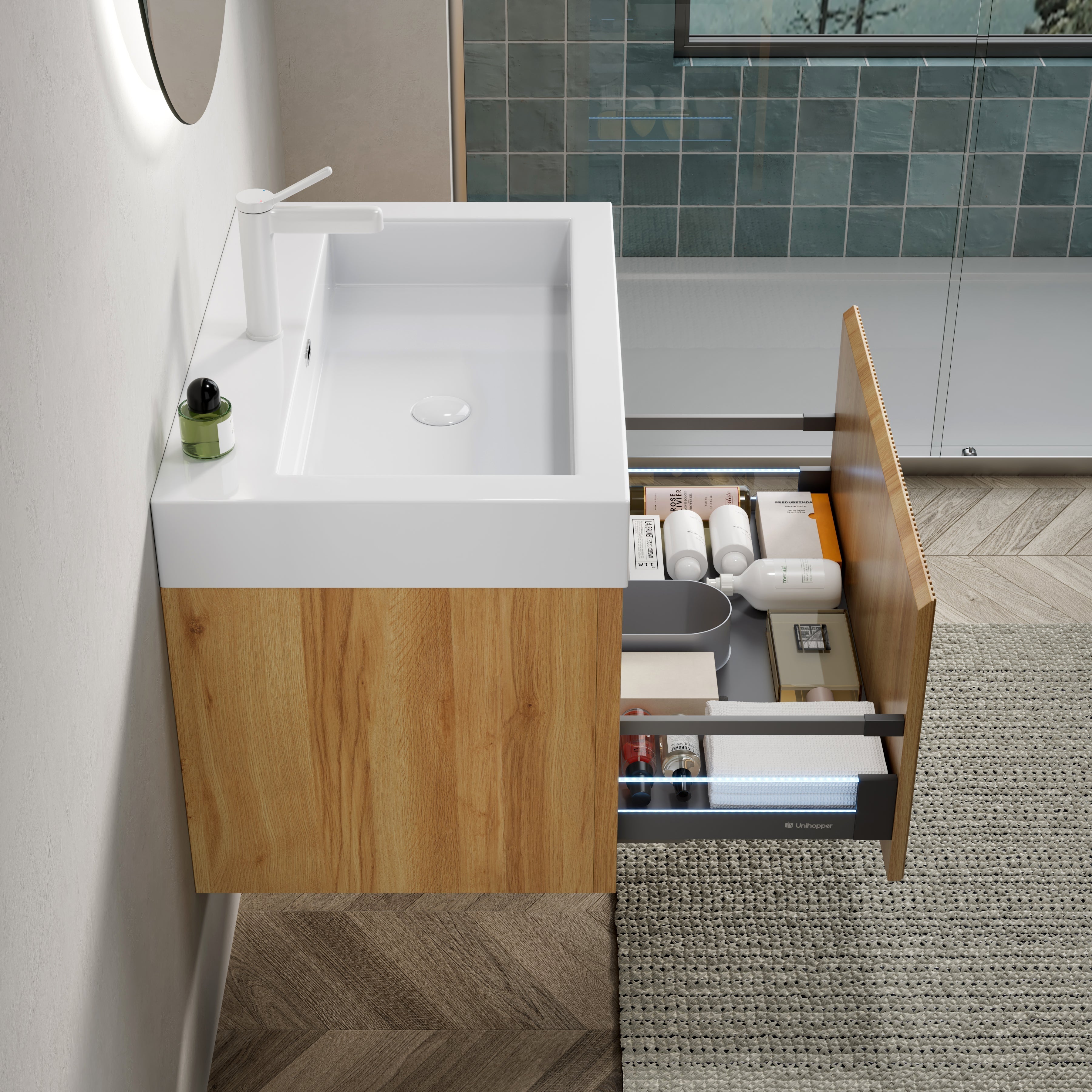Wall-Mounted Bathroom Vanity Unit with Integrated Basin and Single Drawer, Natural Wood Grain Plywood