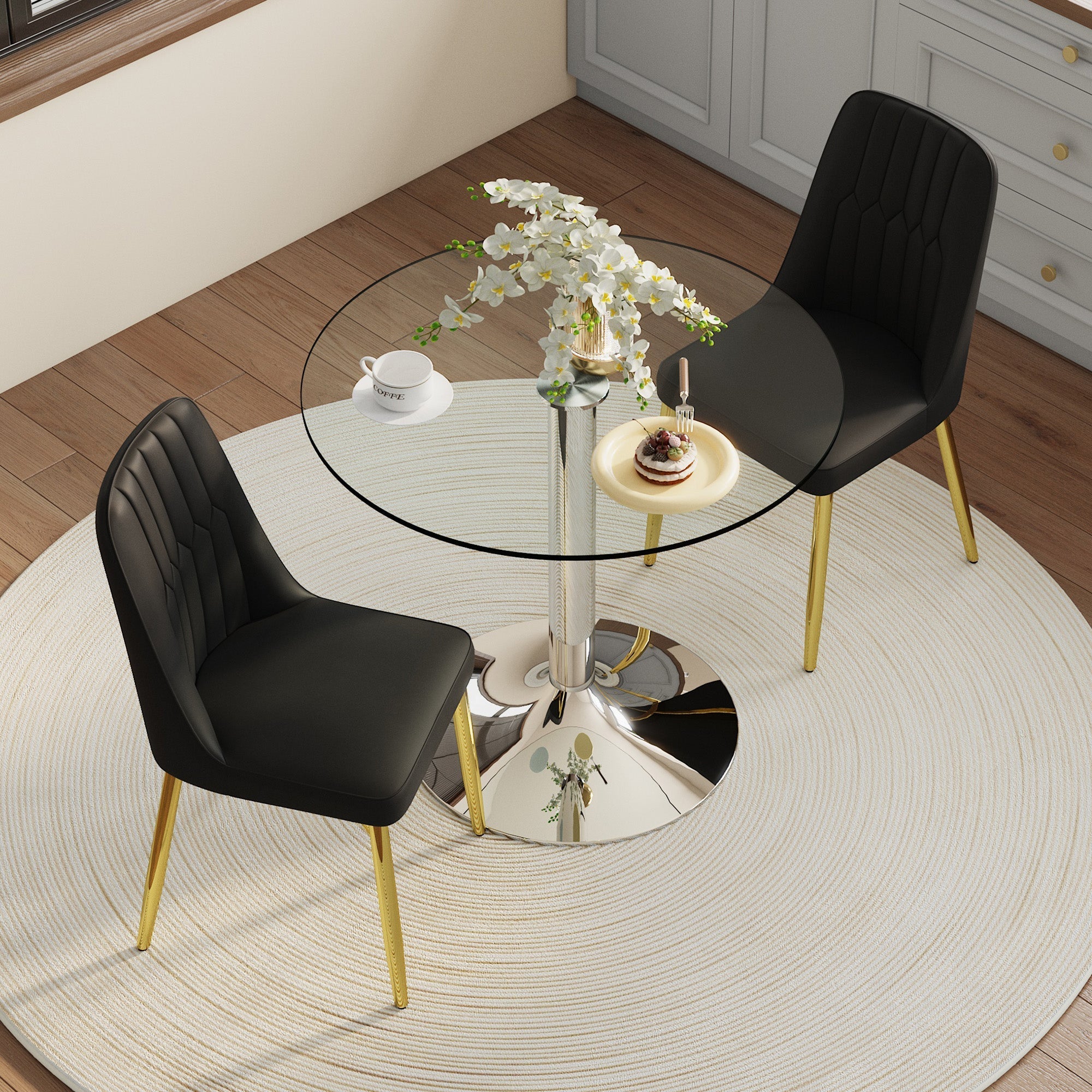 Dining Set 85cm Round Tempered Glass Table with 2 Black PU Chairs - Black/Gold