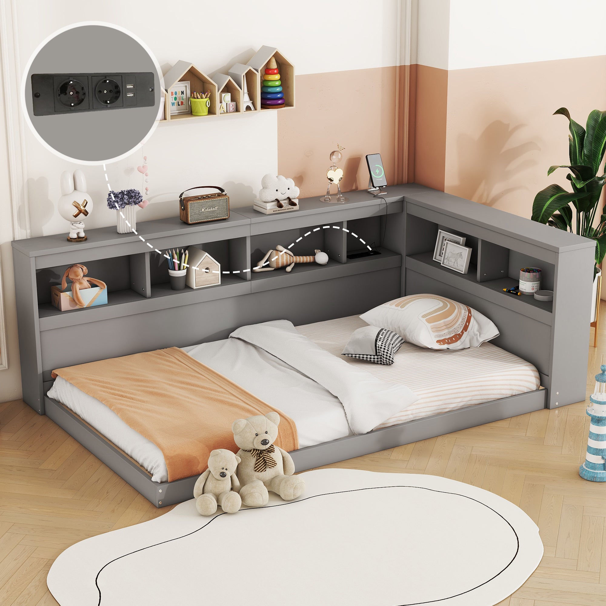 Daybed Sofa Bed 90x200cm Power Outlet 2 USB Ports - Chipboard Grey