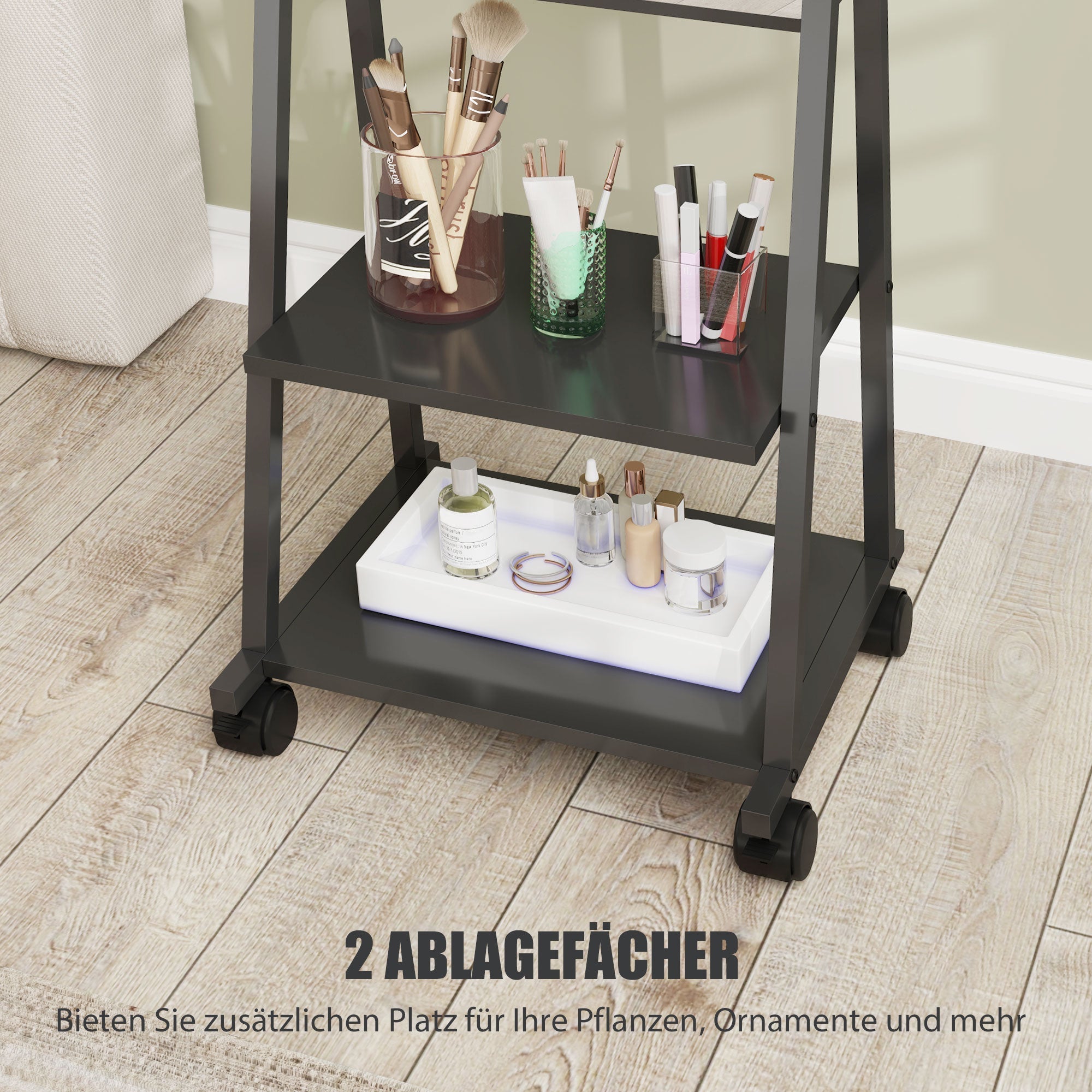 Ganzkörperspiegel, 42 x 155 cm mit Ablage und Rollen, Schwarz