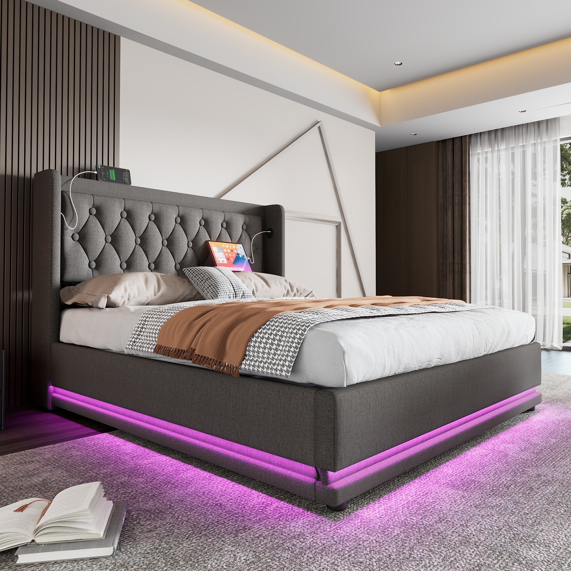 Upholstered Bed Double 140x200 cm, Hydraulic Storage, USB-C Charging, 3-Sided LED, Gray Cotton