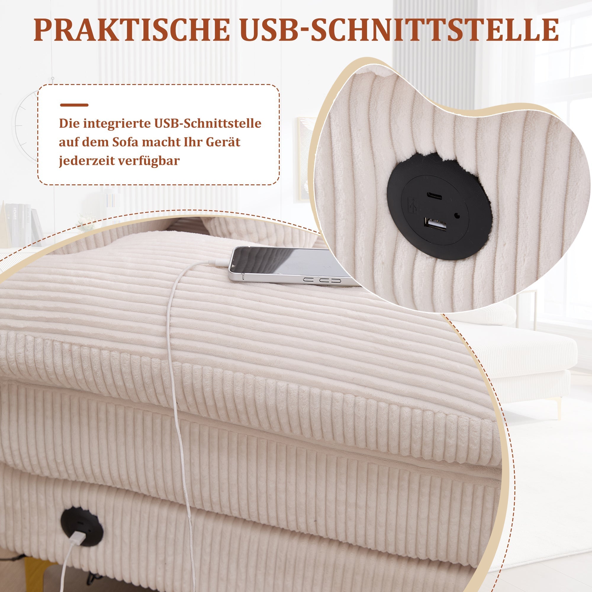 U-shaped Sofa, LED Ambient Lighting, USB-C Port, Solid Wood Frame, Beige