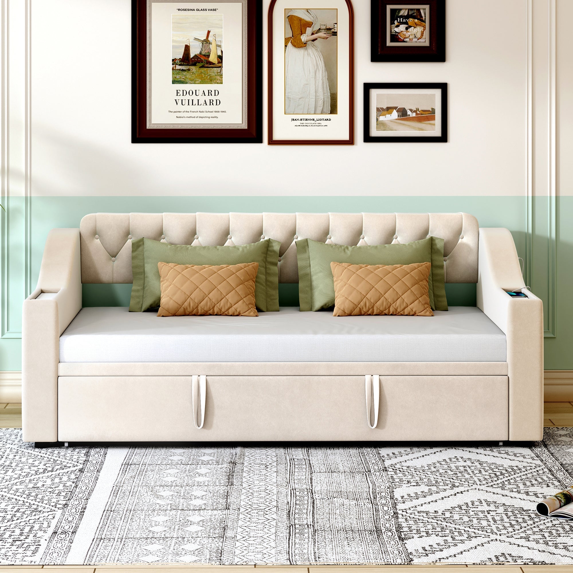 Upholstered Sofa Bed, 90/180*190cm, USB Charging, Storage, Velvet Beige
