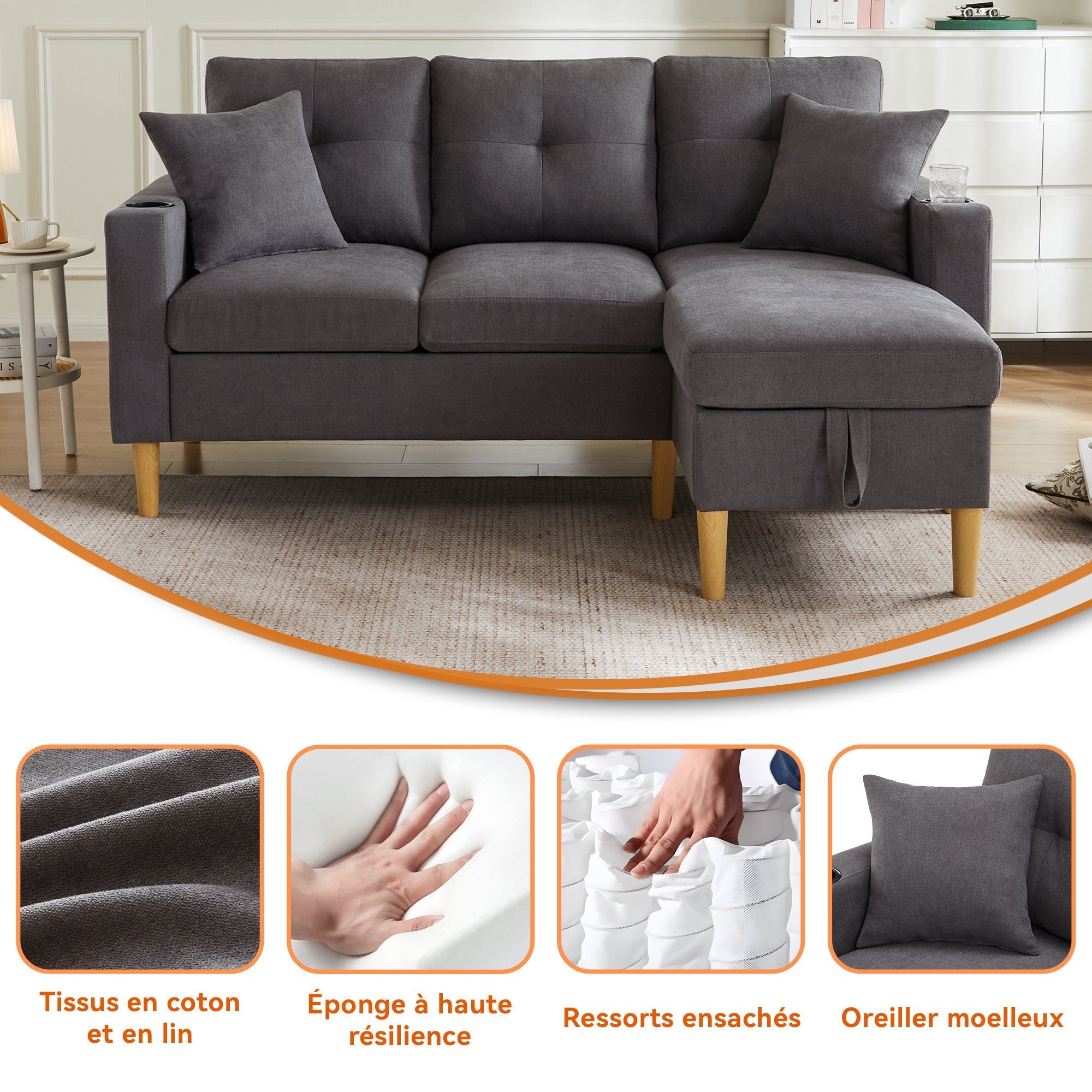 Sofa, L-Shaped Modern 3-Seater with Chaise, Storage, Cup Holder, Pillows