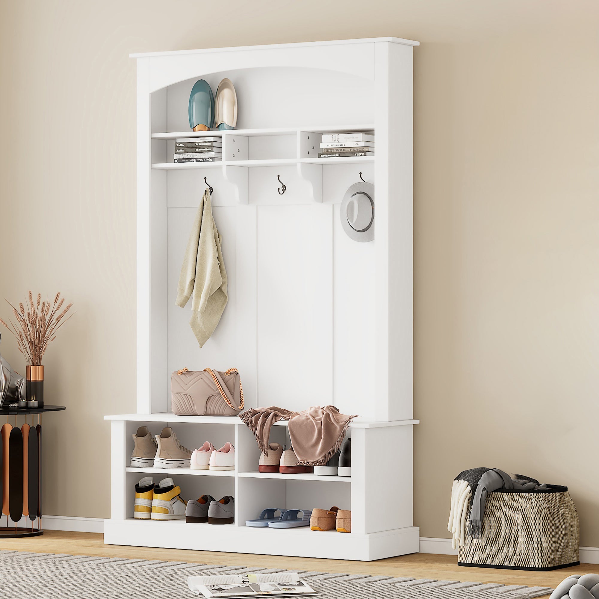 Wardrobe set with bench and shoe rack, multifunctional, storage, white