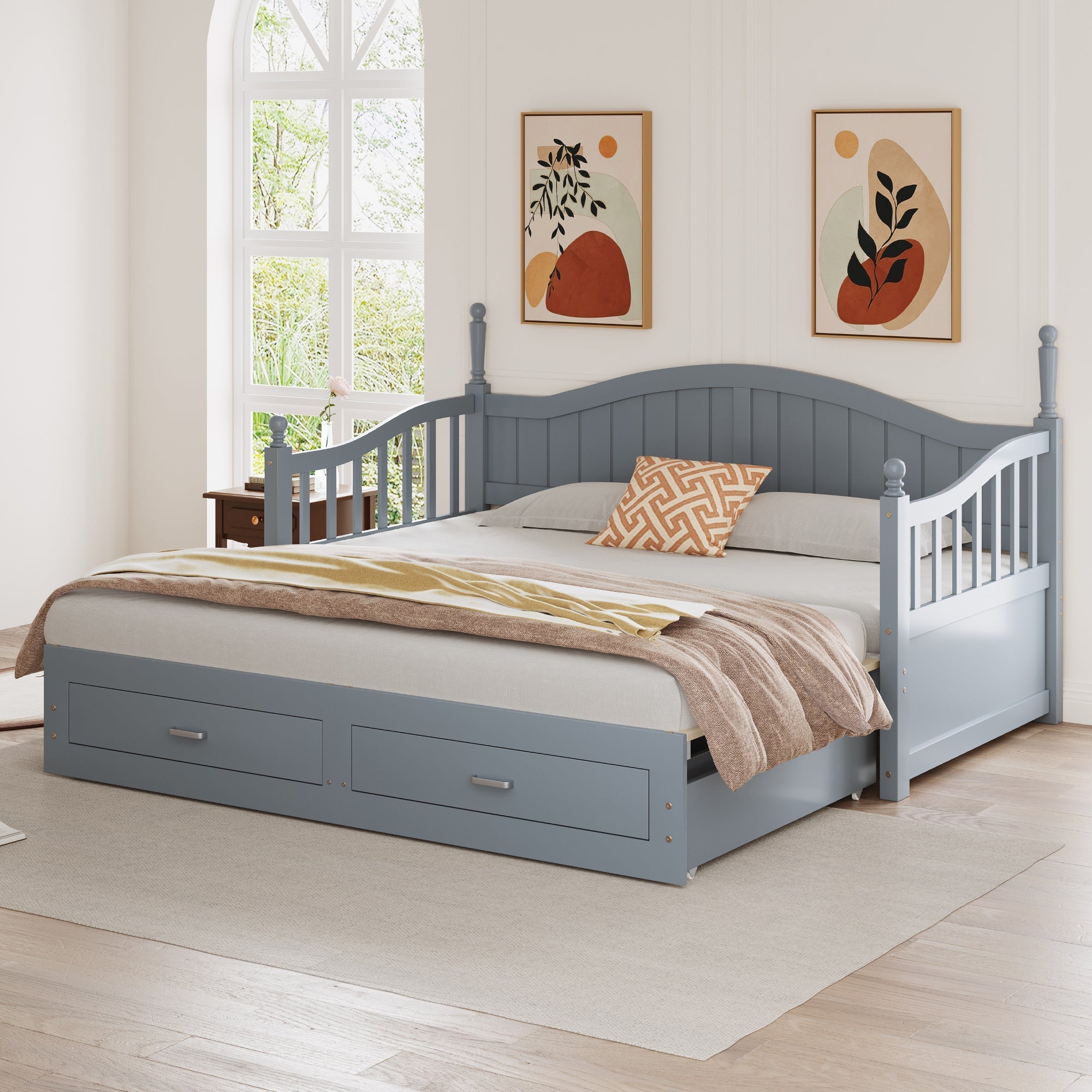 Pull-Out Sofa Bed, Solid Wood with Drawers & Slatted Frame, Pine Wood, Grey