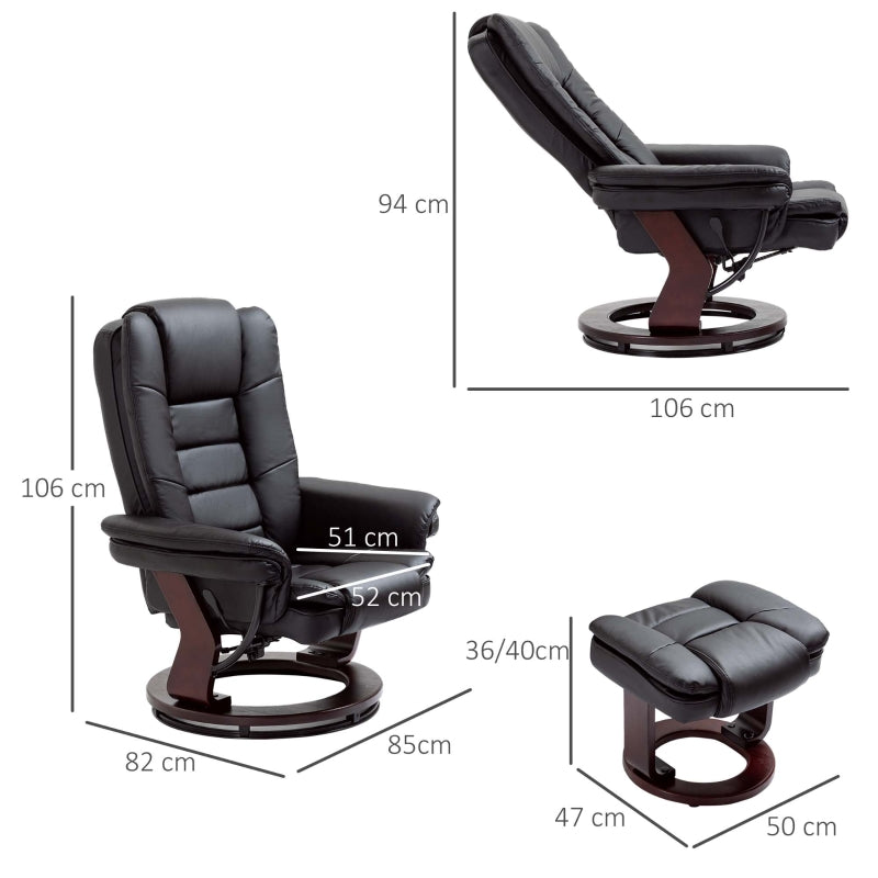 Recliner Chair with Footstool, 130kg Capacity, 135° Reclining Swivel, PU Leather, Black