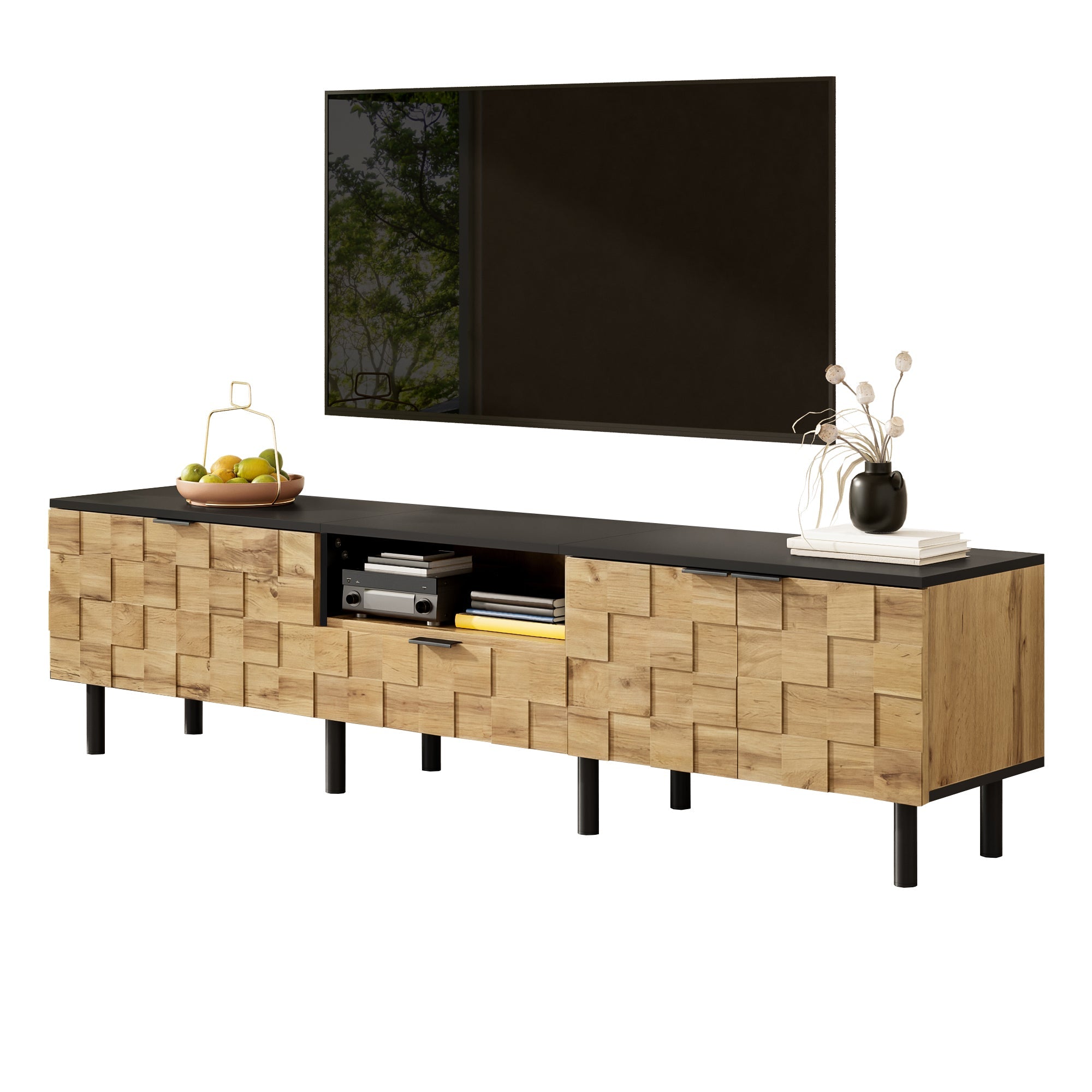 Mosaic TV Cabinet with 2-Door Drawer and Open Compartment, Wood Look Chipboard