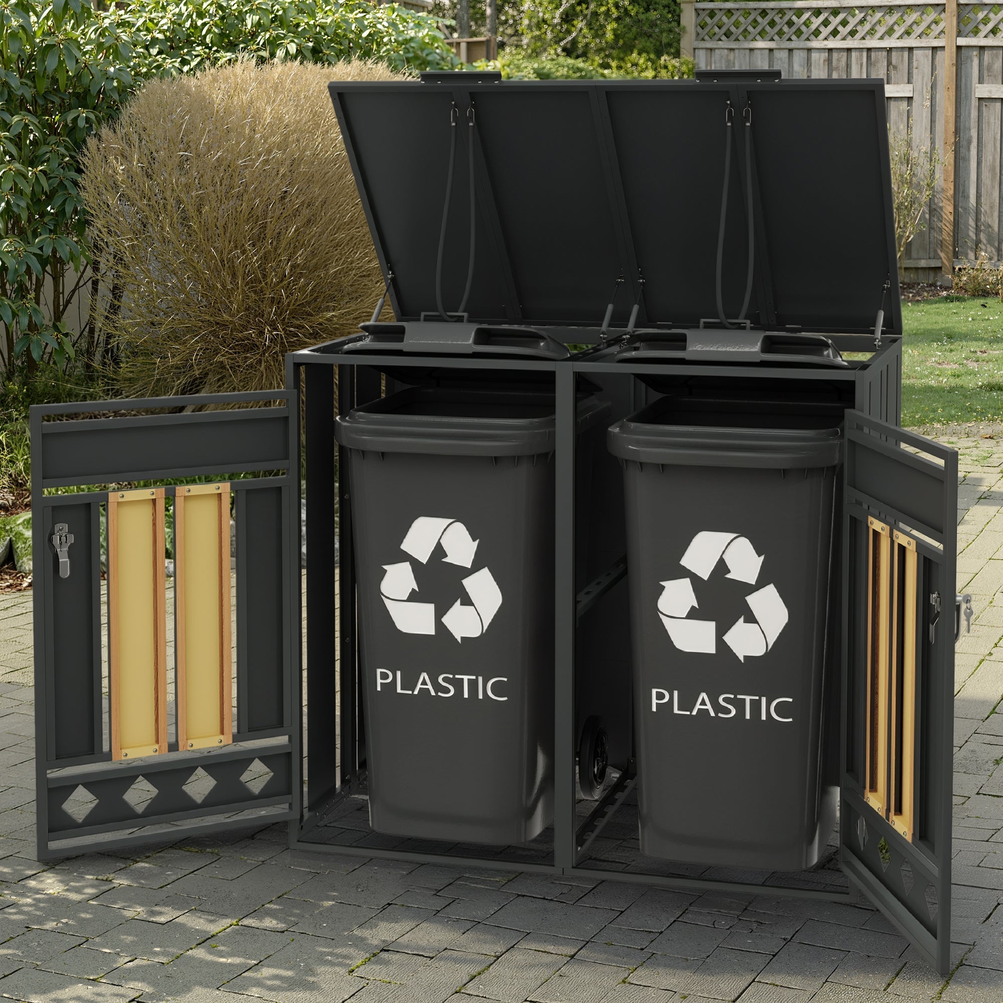 Bin Storage Box with Hinged Lid and Lockable Two Doors, Vertical Wood Grain