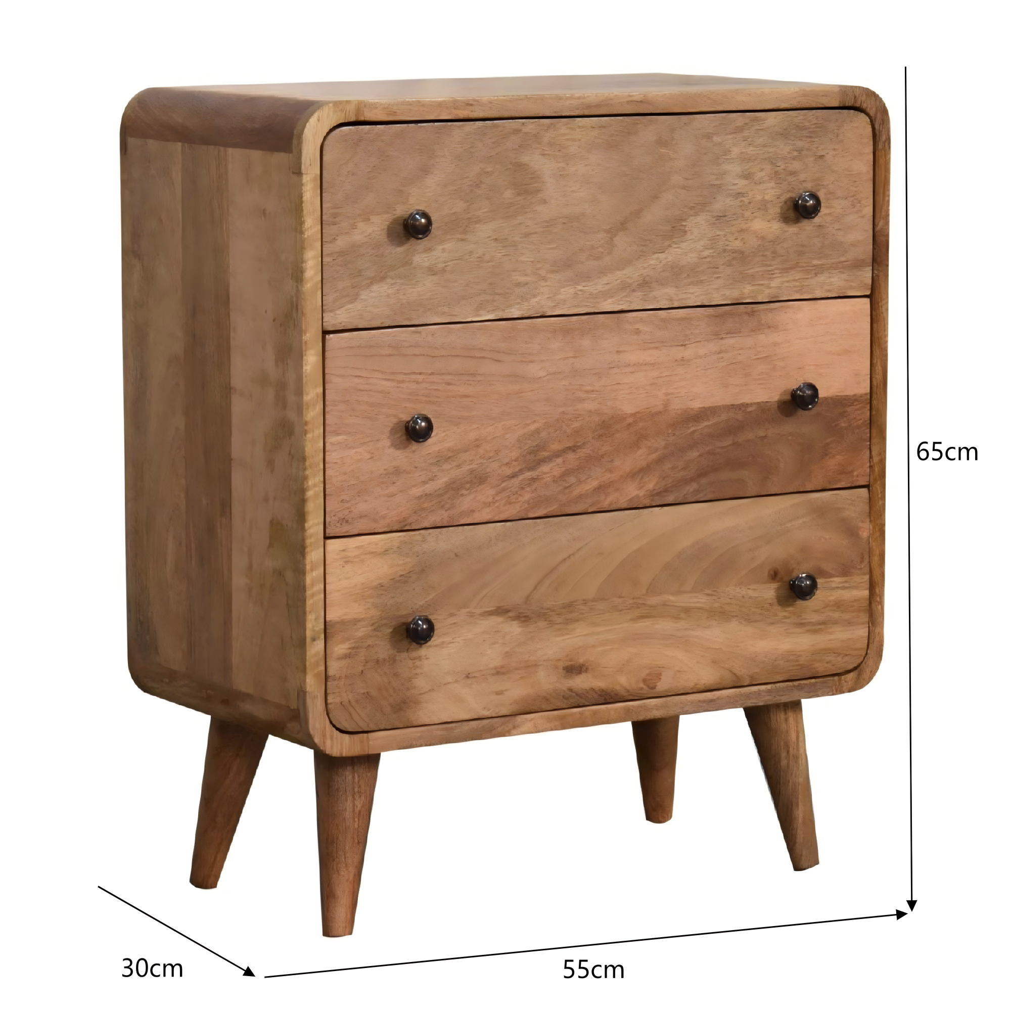 Solid Wood Mini Curved Chest, 3 Drawers, Oak-ish