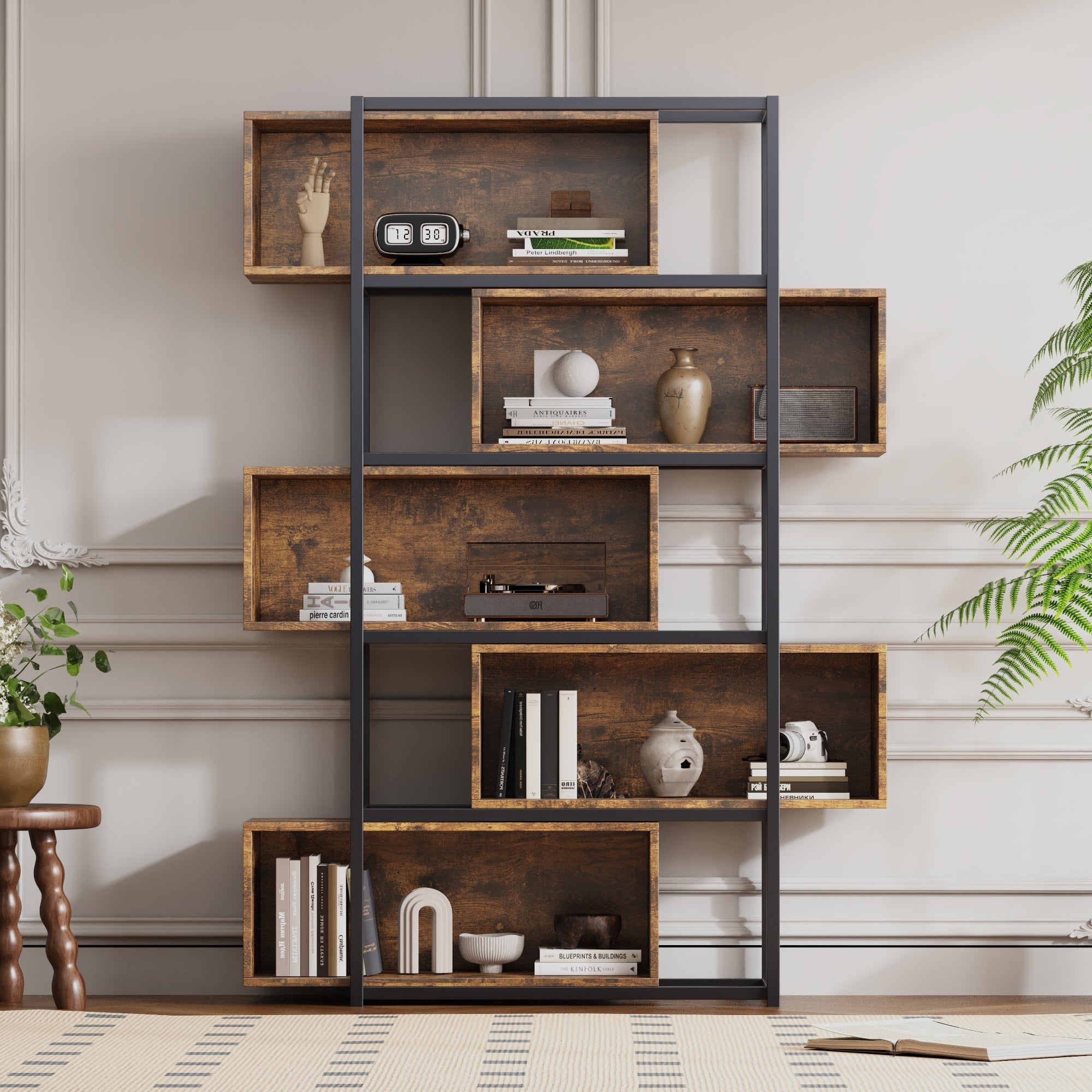 Bookshelf, 5 Tier with Shelves, Brown Wood Grain & Black Steel