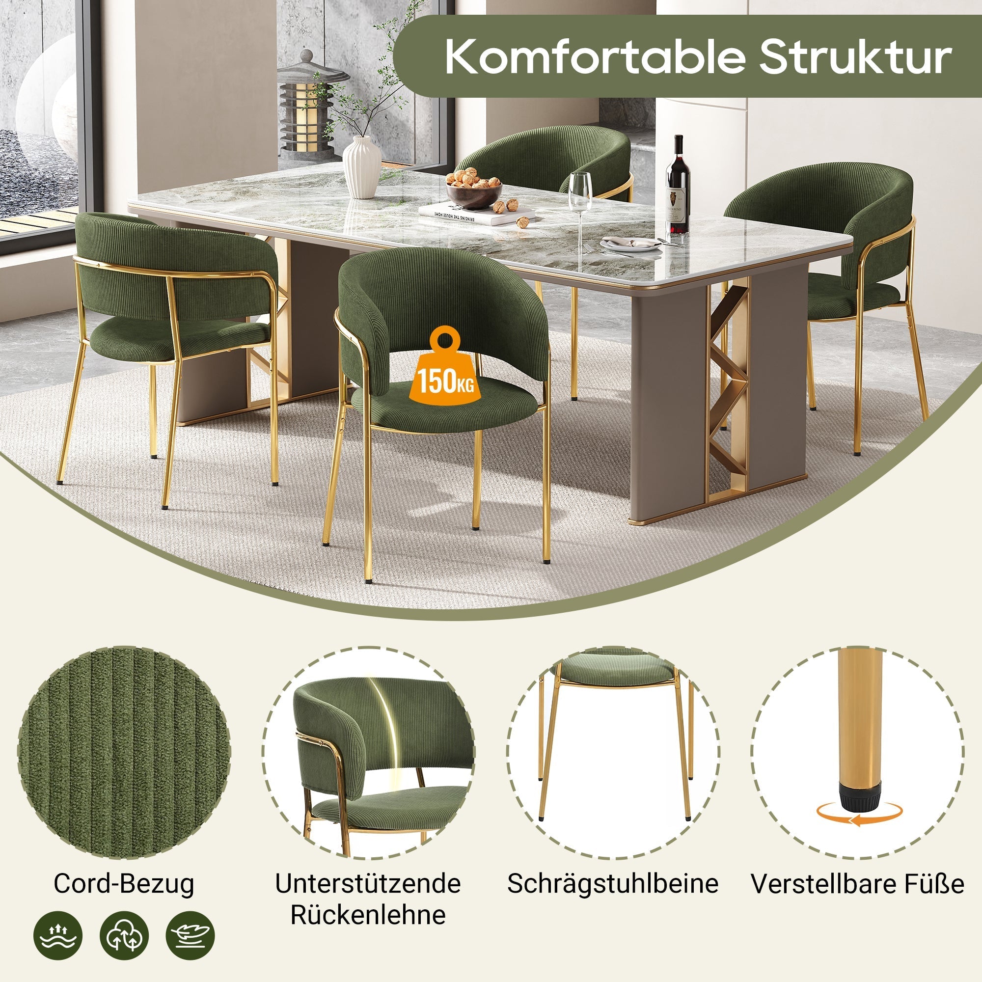 Modern Chairs with Angled Legs and Adjustable Feet, Green Corduroy Fabric (Set of 2)