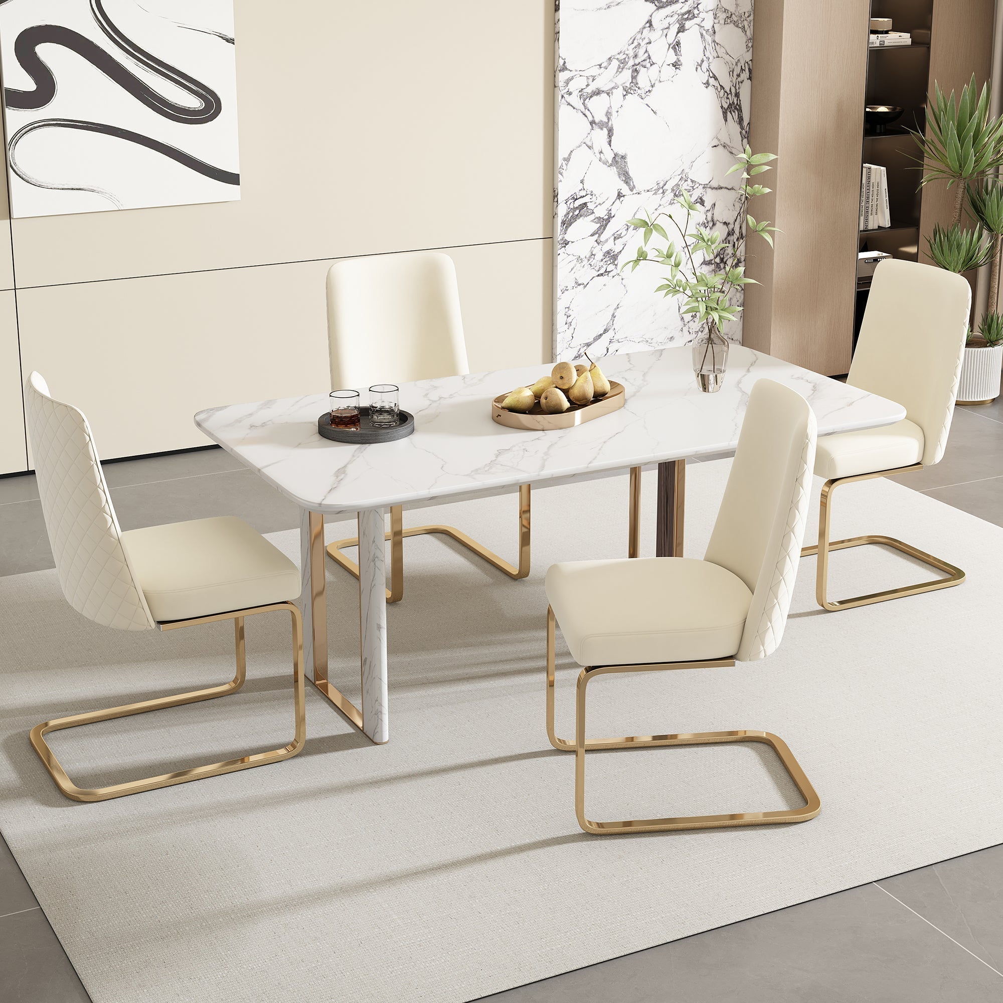 Velvet Dining Chair Set of 4, Diamond Back Design with Gold Metal Legs, Beige