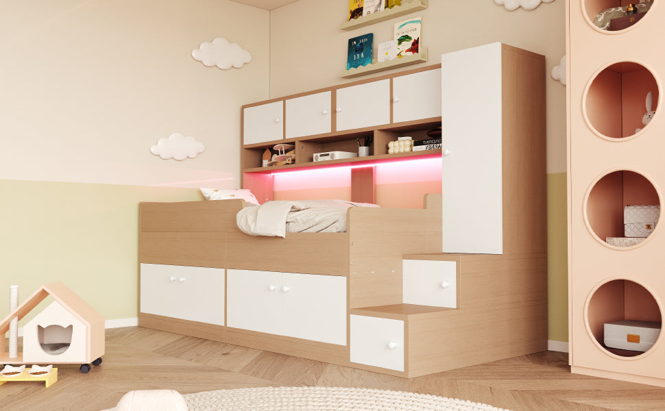 Wooden Children's Bed with Wardrobe, Shelves, Ladder and LED Lighting, 90x200cm, Wood Color