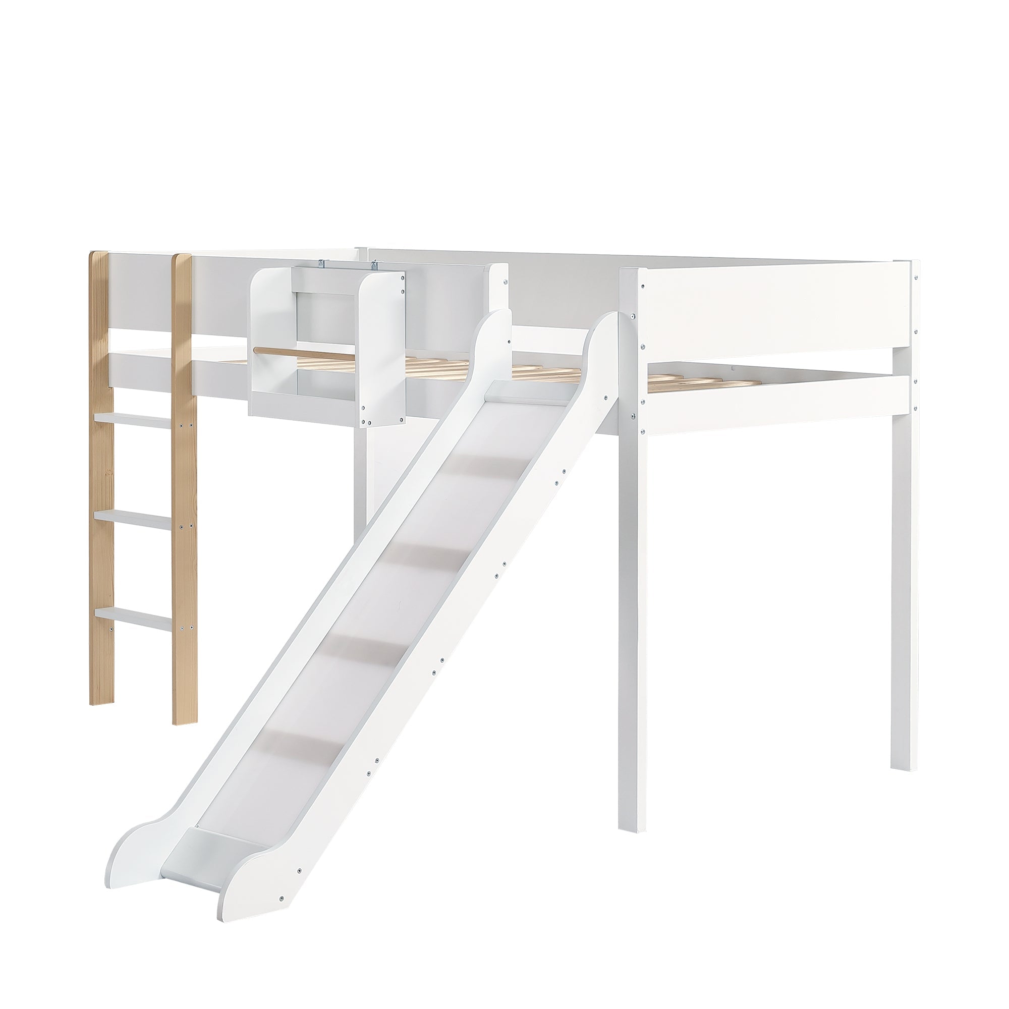 Loft Bed, Bunk with Slide & Removable Shelf, Pine+MDF White+Natural