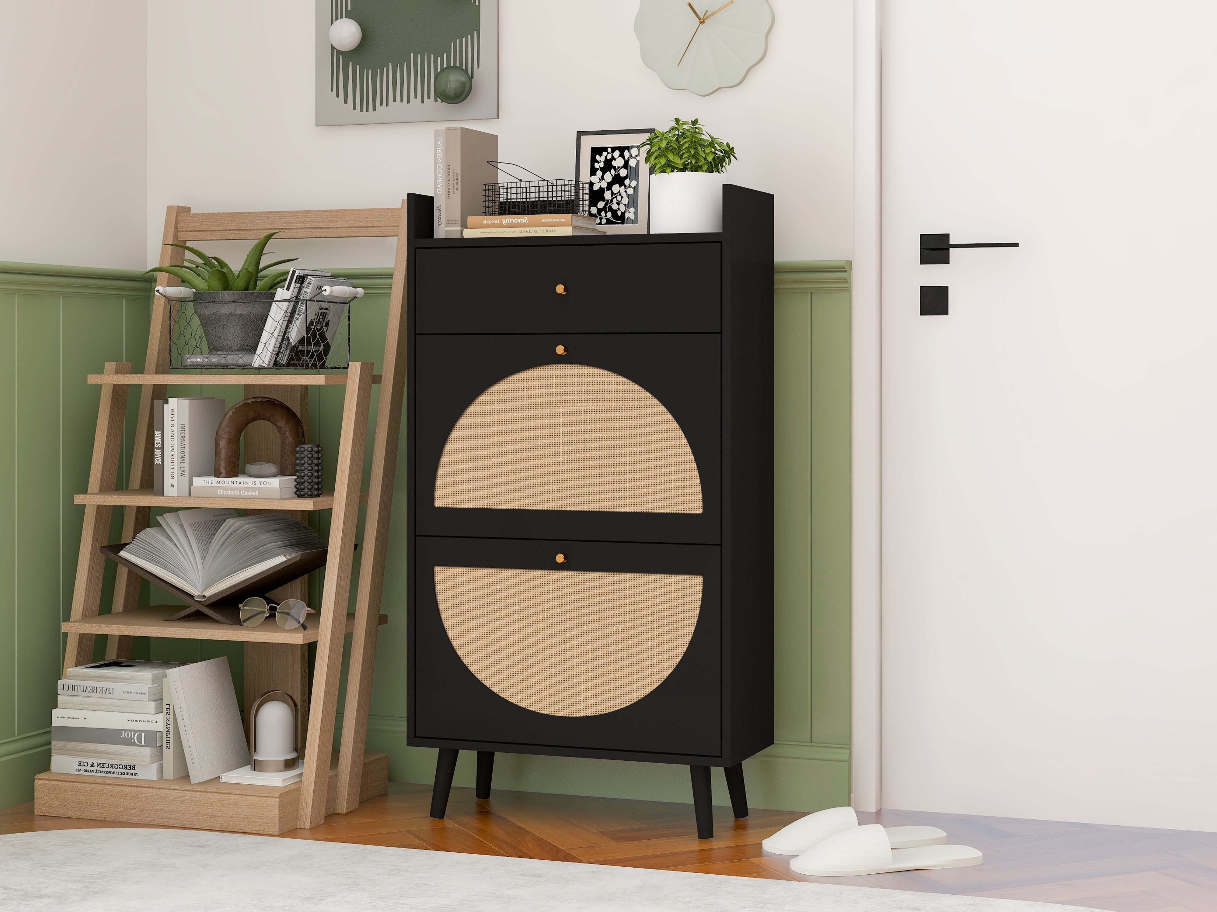 Shoe Cabinet with Two Doors, Drawer, Double Shelf, Black Rattan