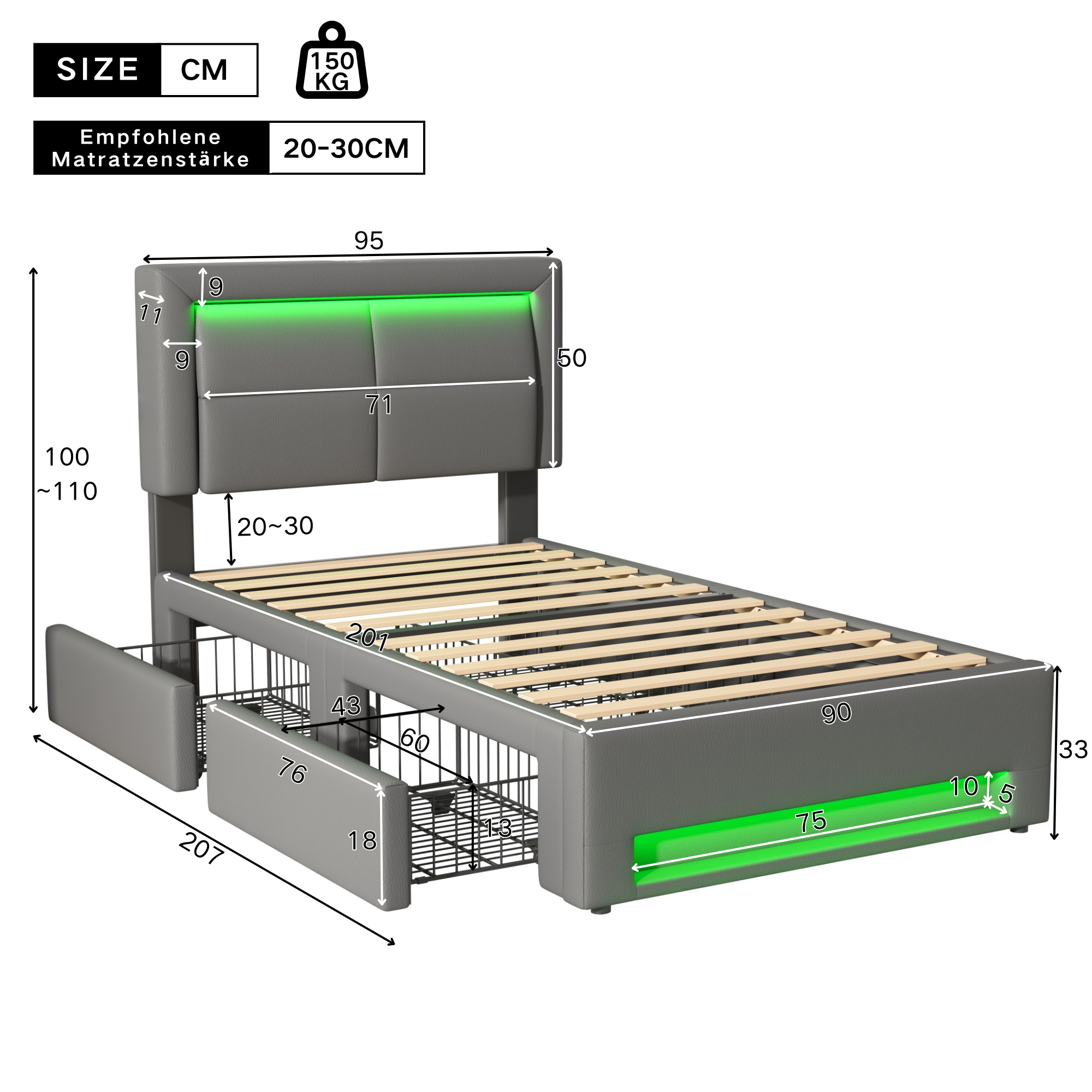 Upholstered Bed 90x200cm USB/Wireless Charging LED Lights 4 Drawers PU Lychee Pattern Grey