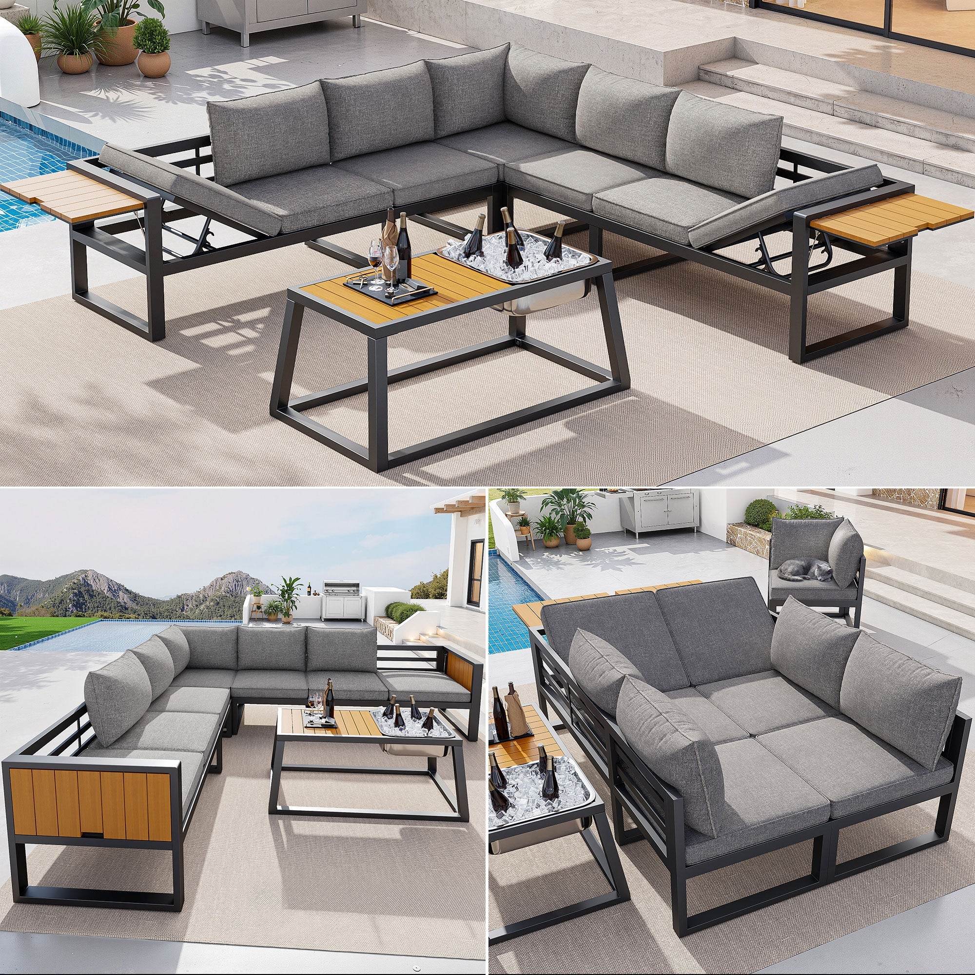 Modular Outdoor Sofa Set with Adjustable Backrest and Metal Ice Bucket, Grey/Beige