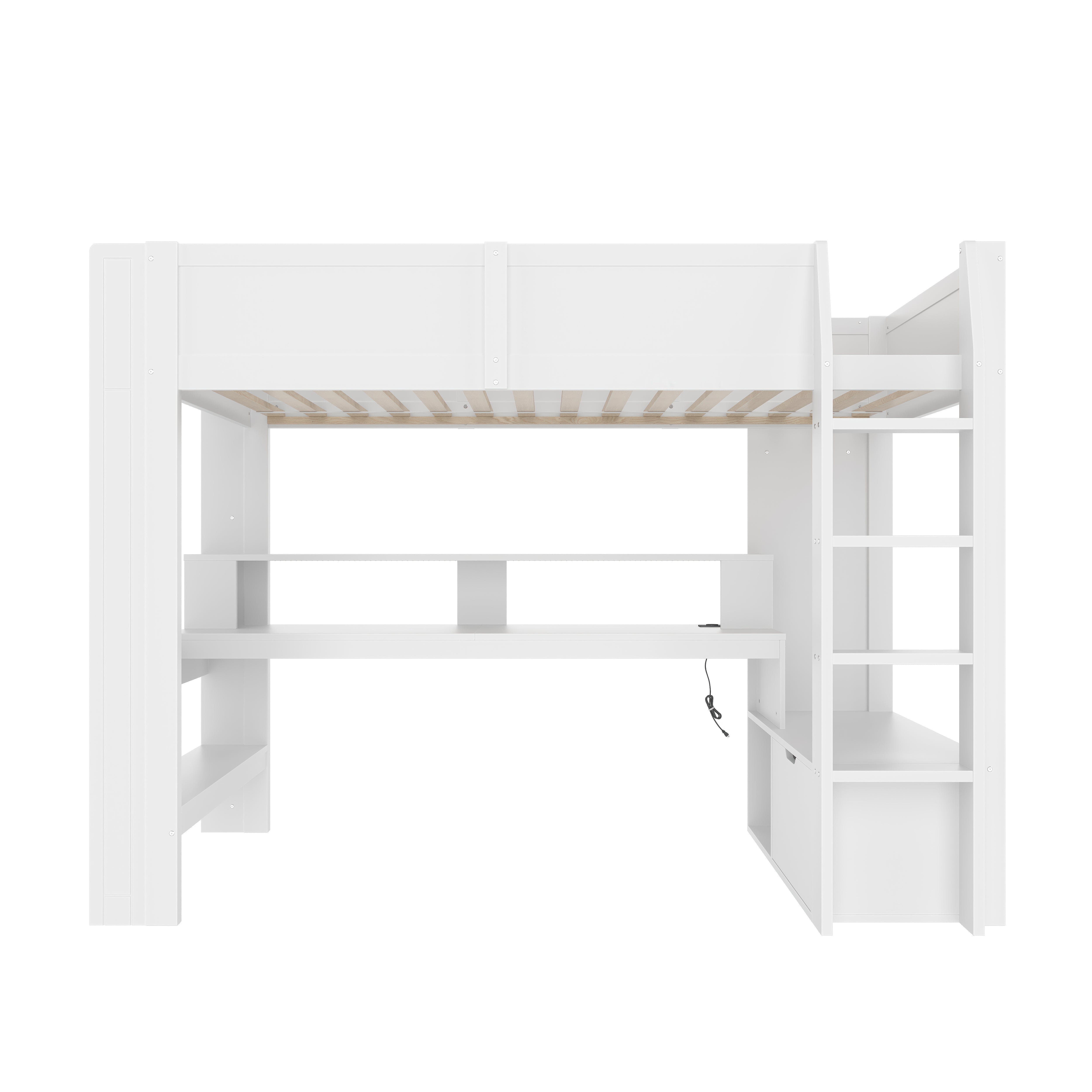 Loft Bed with Gaming Desk, LED Lights and Storage Shelves, White