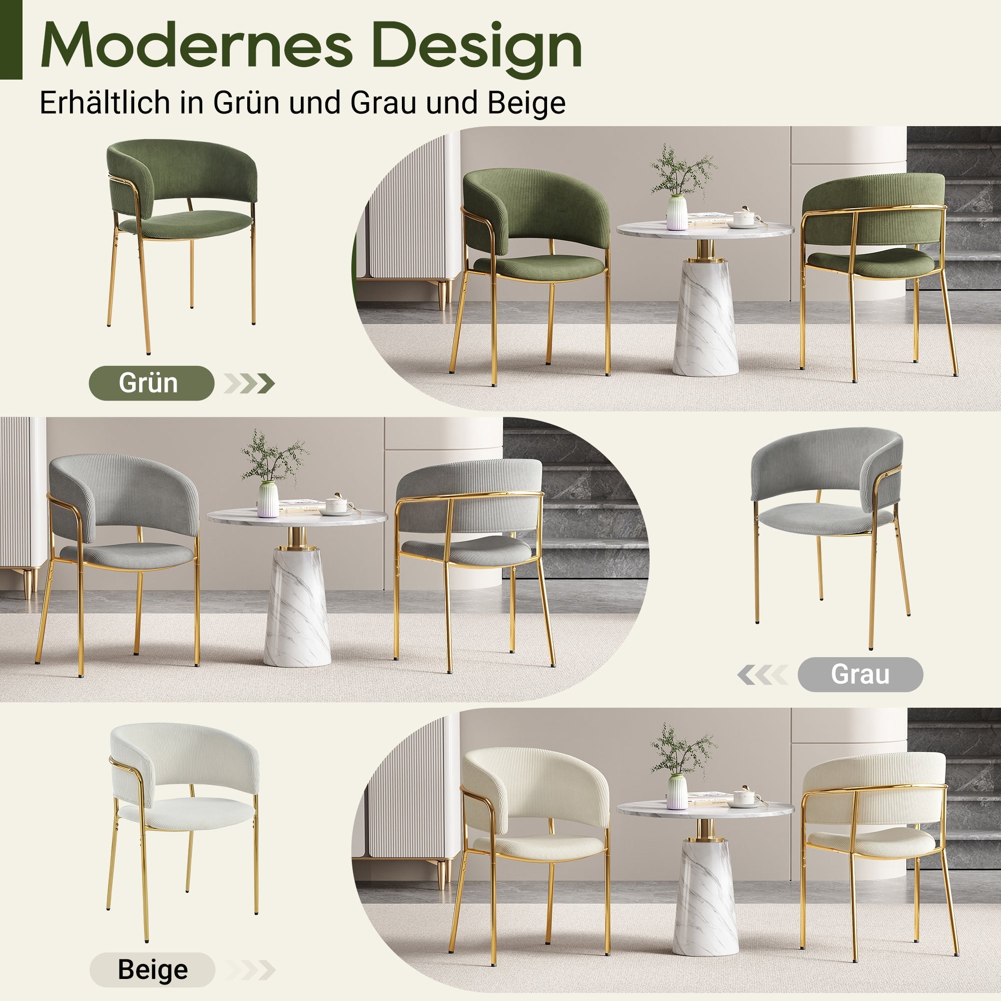 4 Modern Chairs Angled Legs, Adjustable Feet Corduroy Fabric (Beige)
