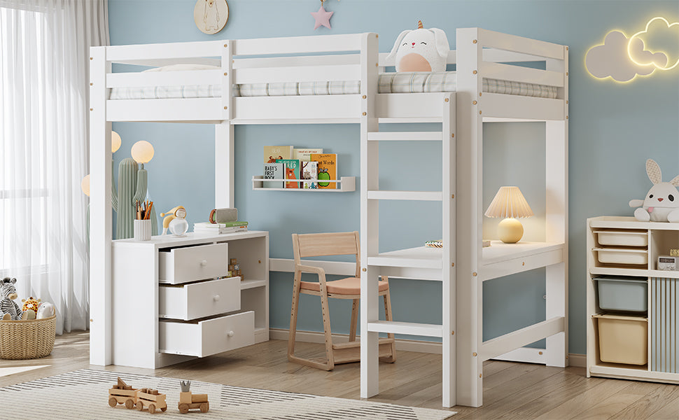 Children's Loft Bed Desk Storage Ladder, White Pine + MDF