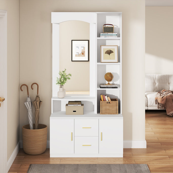 Hallway Unit 90x40x180cm Mirror Shoe Rack Drawers Storage - White