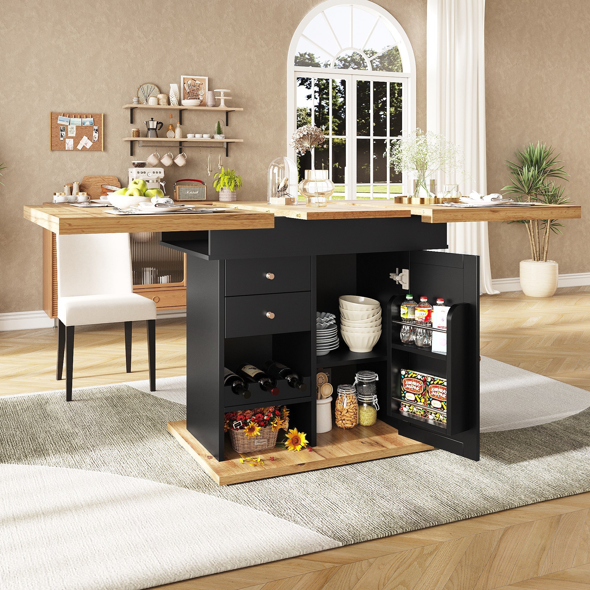 Telescopic Dining Table, Extendable 4-6 Seater with Snack/Wine Rack, MDF/Metal