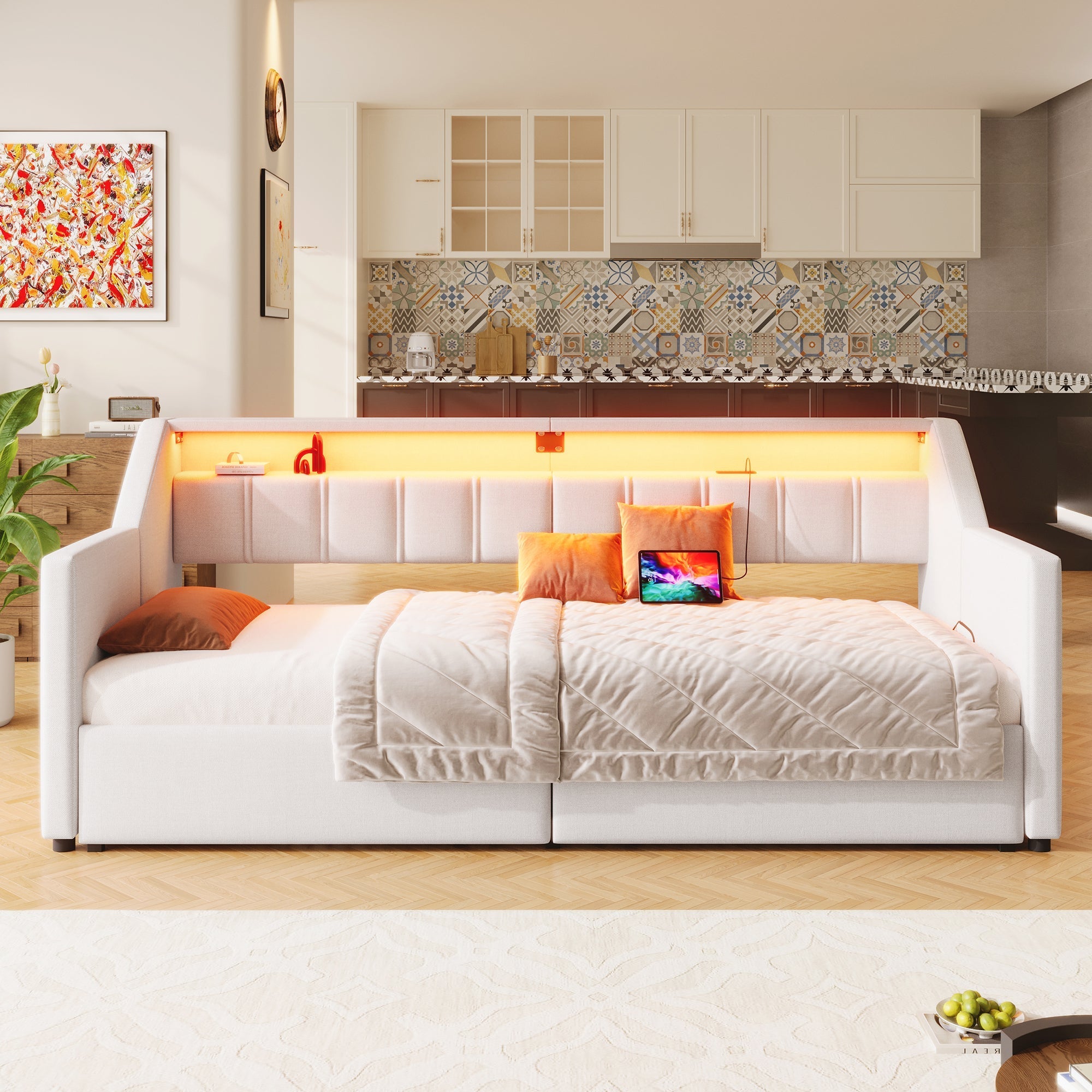 Daybed Sofa Bed 90x200cm Pull-out Bed LED USB/Type-C 2 Drawers Storage - Beige