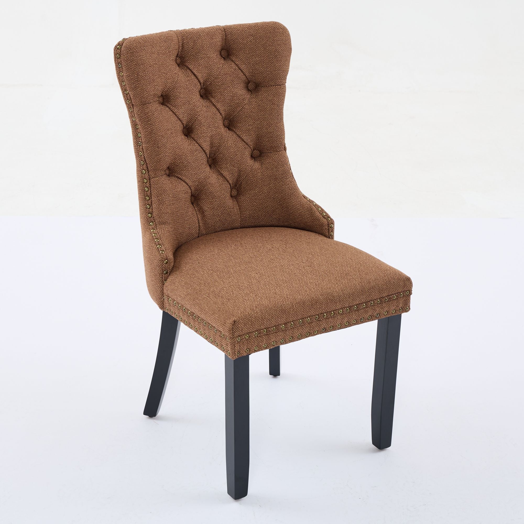 Nikki Collection Tufted Linen Dining Chair Solid Wood Nailhead Trim 2-Pcs Set - Coffee Color