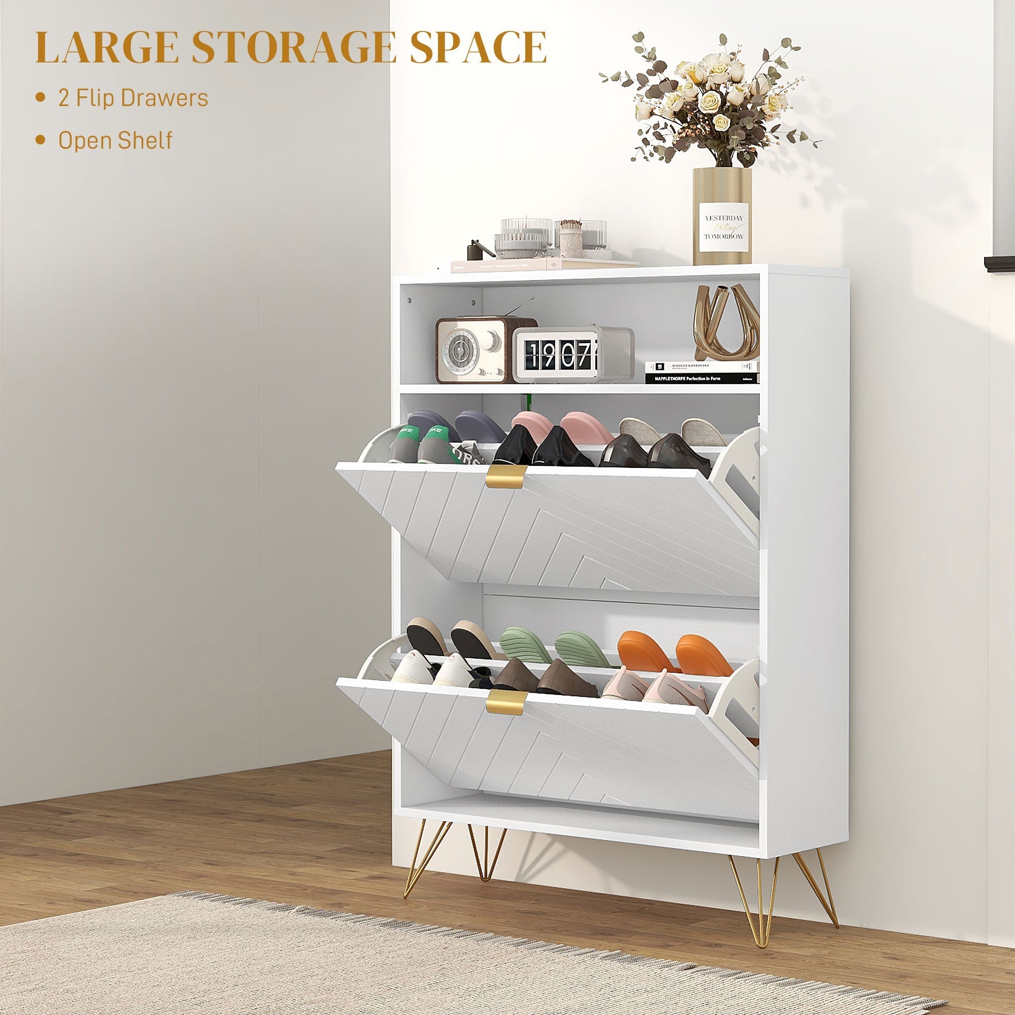 Shoe Storage Cabinet, 12 Pair Capacity with Chevron Indents and Gold Accents - White