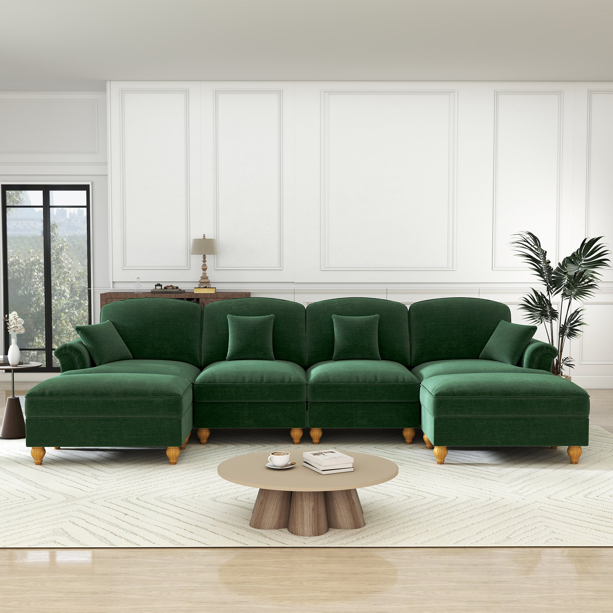U-shaped Modular Sofa 4-Seater Movable Ottoman - Chenille Green