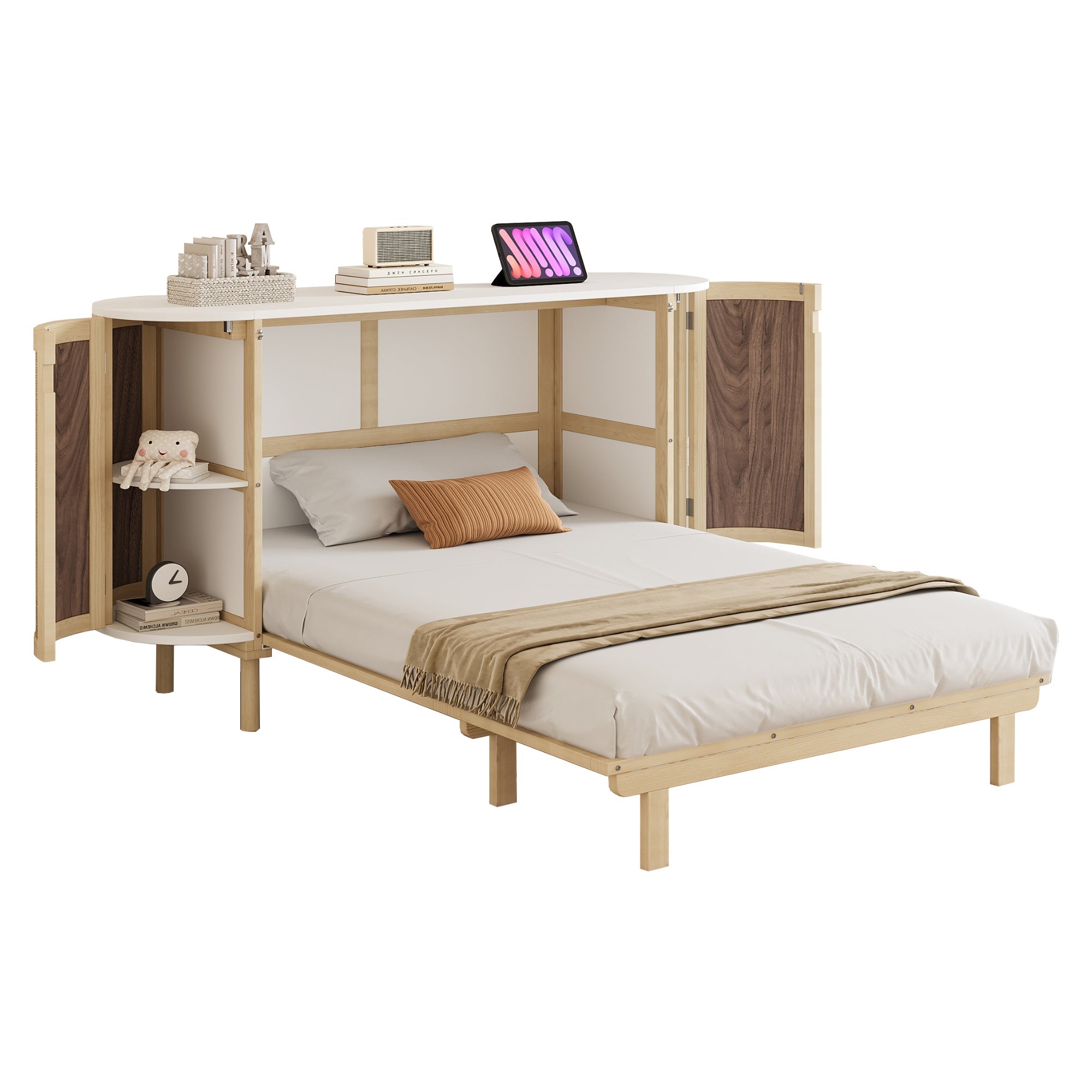 Wall Bed 140x200cm Vertical Folding Rattan Design Storage - Wood Color