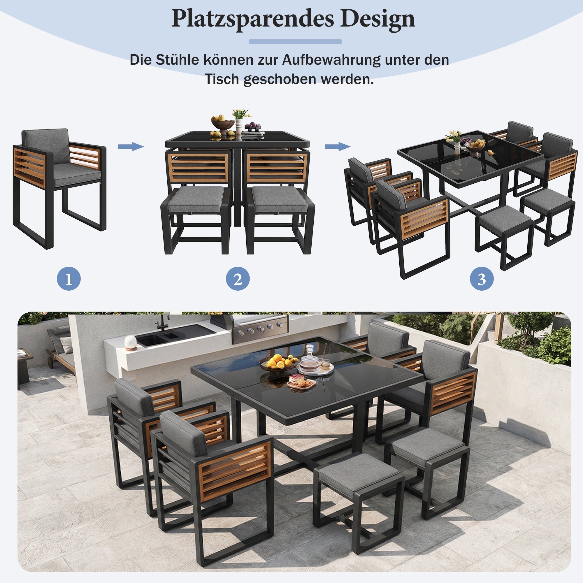 Garden Furniture Set with 12 Chairs and Table for 12 People, Glass Tabletop