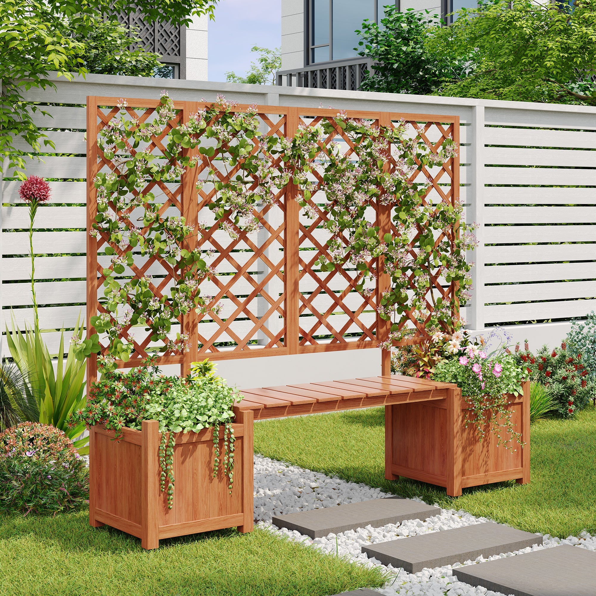 Planter Box with Trellis, Seat & Storage - Brown Solid Fir Wood