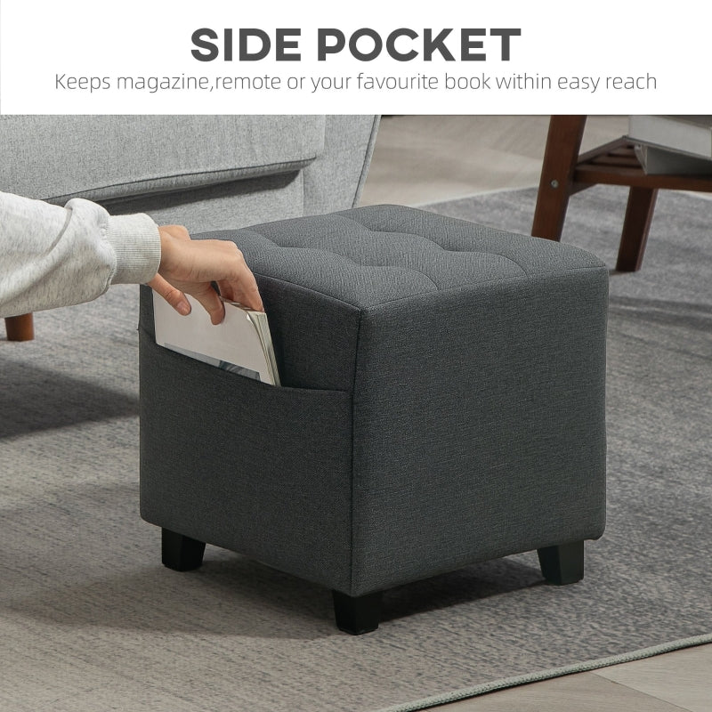 Square Footstool Small Ottoman with Side Pocket, Padded Seat, 35x35x35cm, Linen Fabric Grey