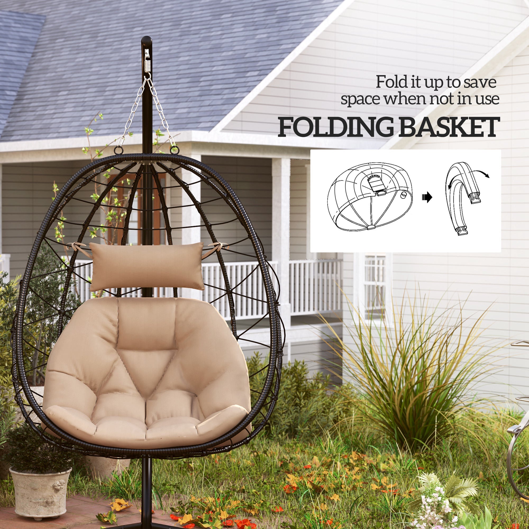 Hanging Egg Chair, Indoor Outdoor Swing Chair with Folding Basket & Stand, Khaki