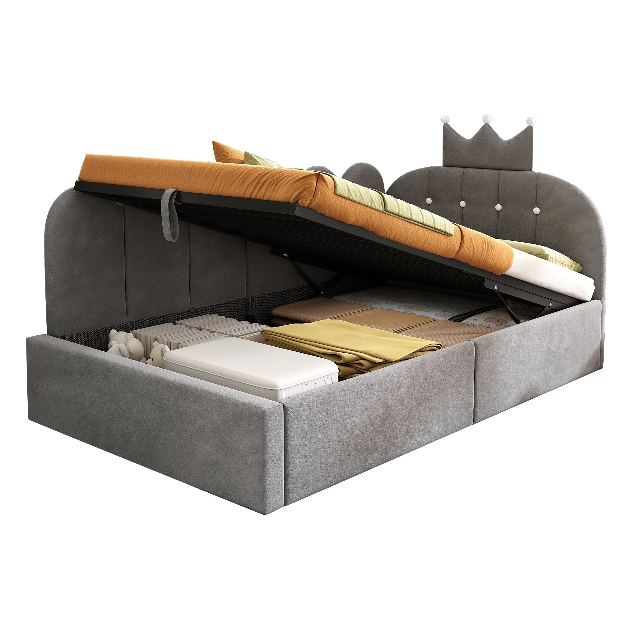 Upholstered Daybed with Hydraulic Storage and Crown-Lattice Design, 90x190cm, Grey Velvet