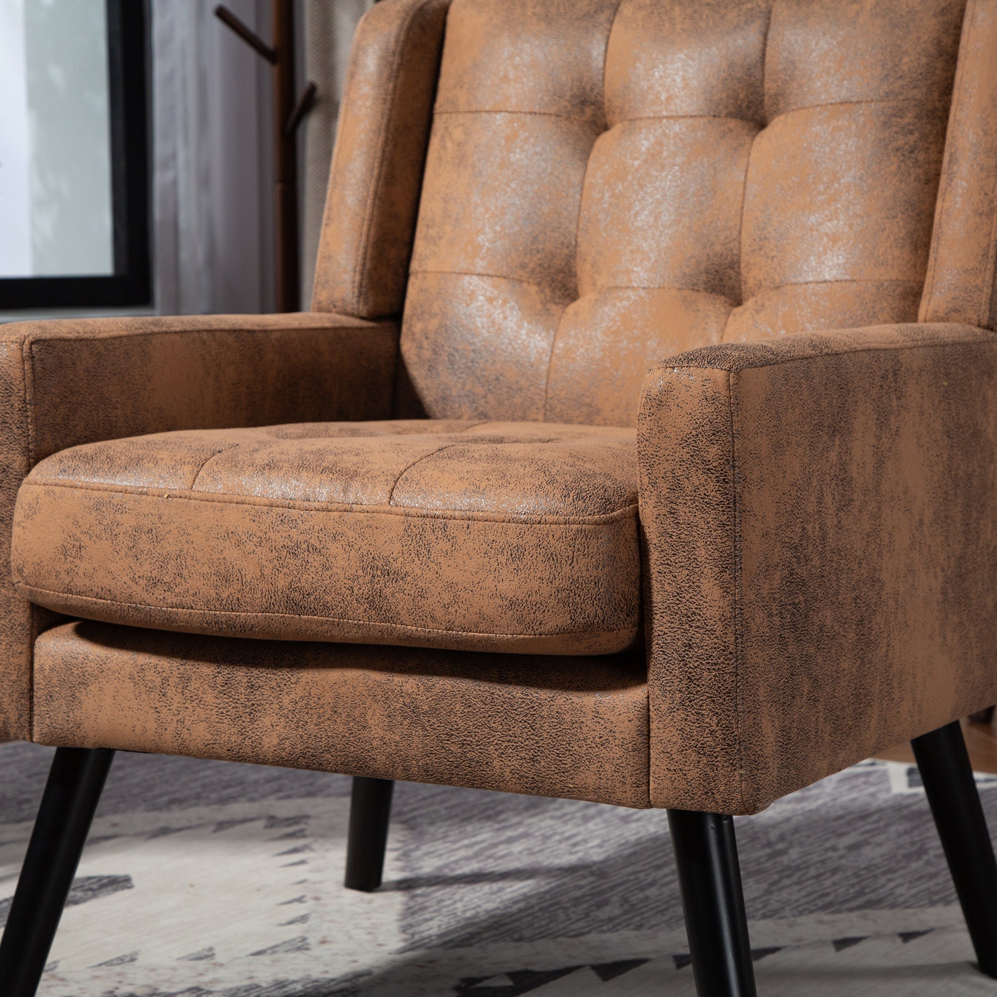 Armchair Mid-Century Modern Buttoned Suede Cushion Solid Wood Legs Suede