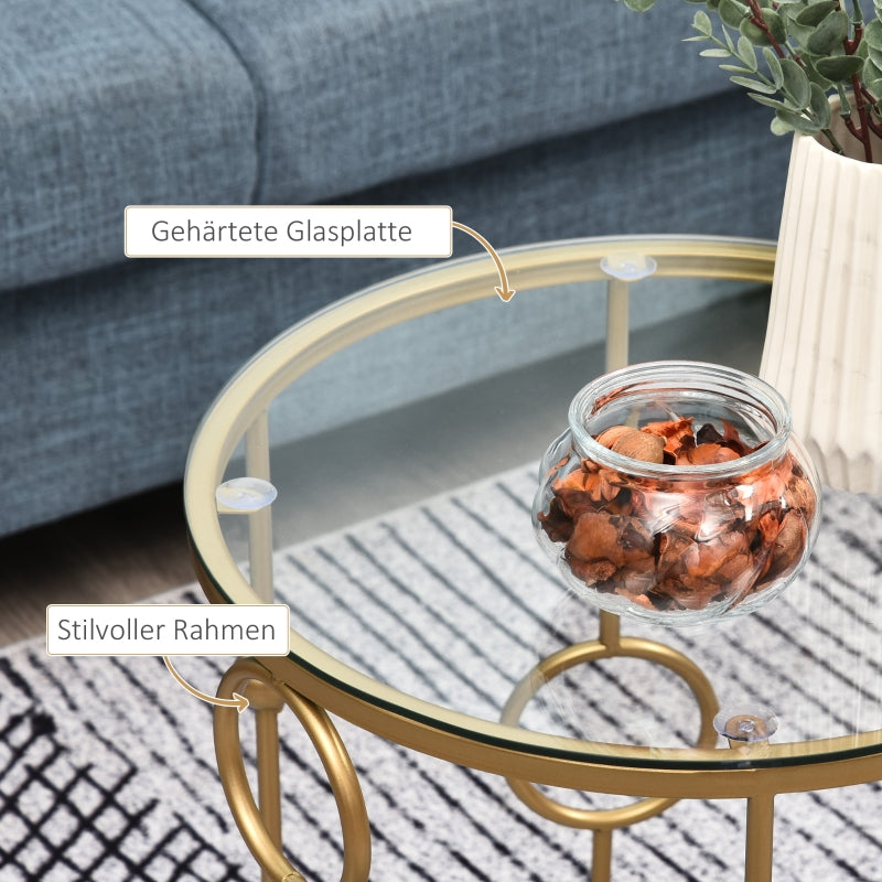 Set of 2 Coffee Tables, Glass Tops, Hoop and Ball Design, Gold