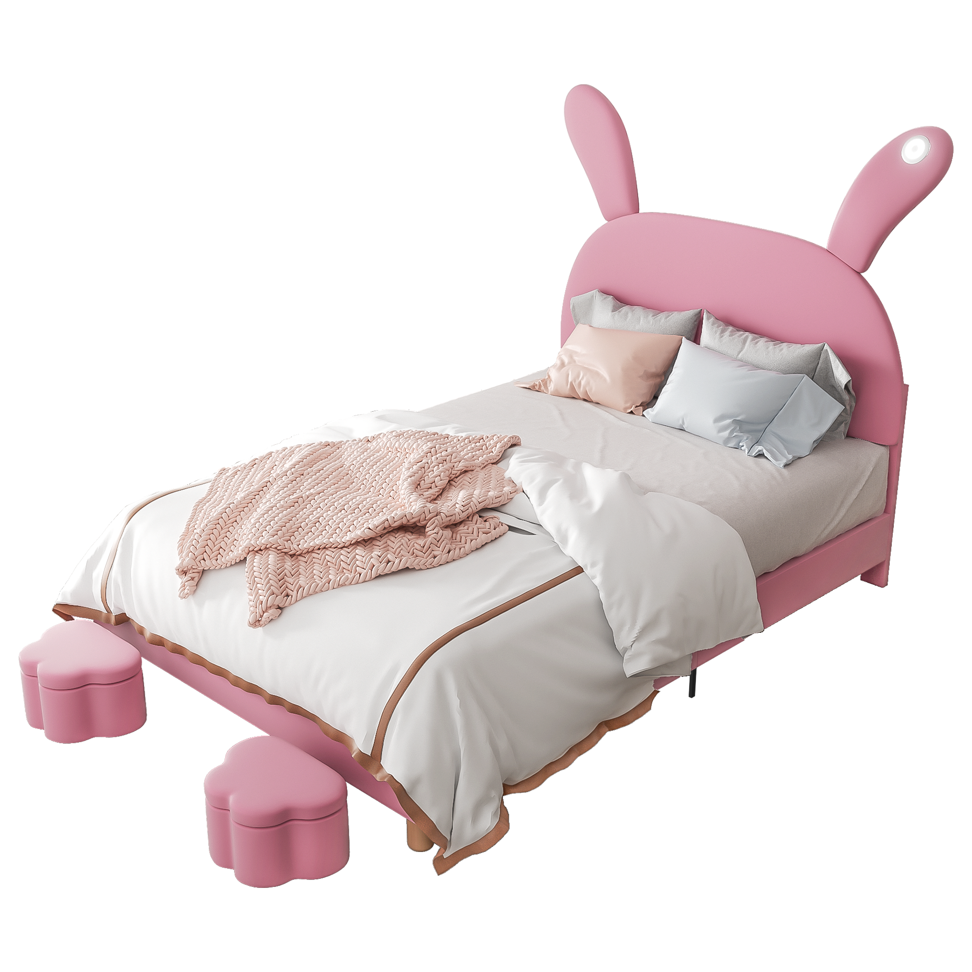 Upholstered Bed 140x200, LED Lighting, Storage Stools, Adjustable Headboard, French Velvet Pink