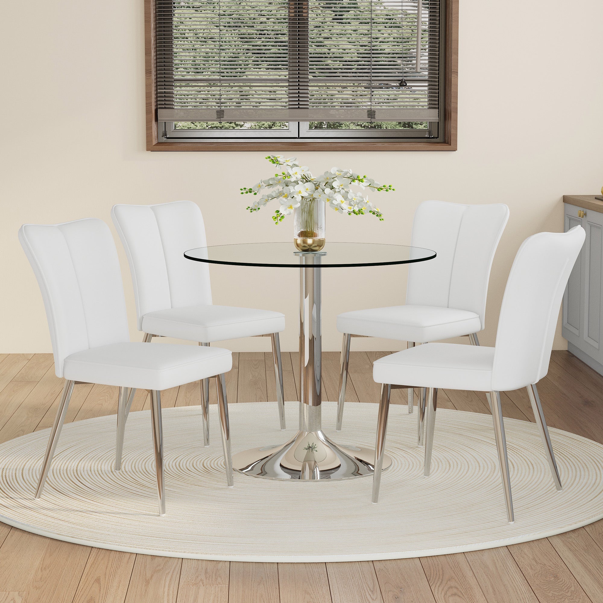 Dining Table Set Modern Minimalist 85cm Tempered Glass 4 Chairs White PU