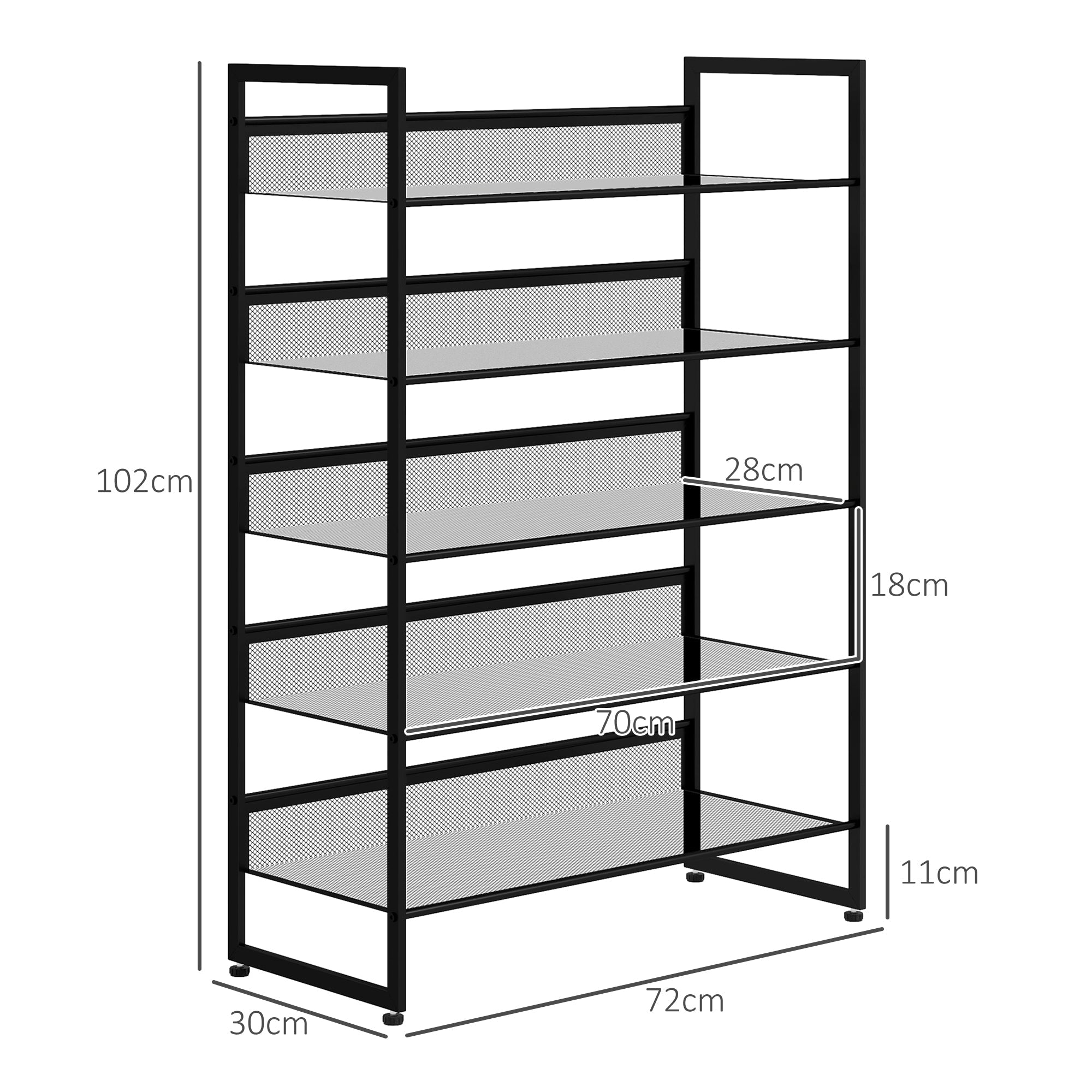 Kleines Schuhregal, hoch, schmal, 5-etagig, Schwarz