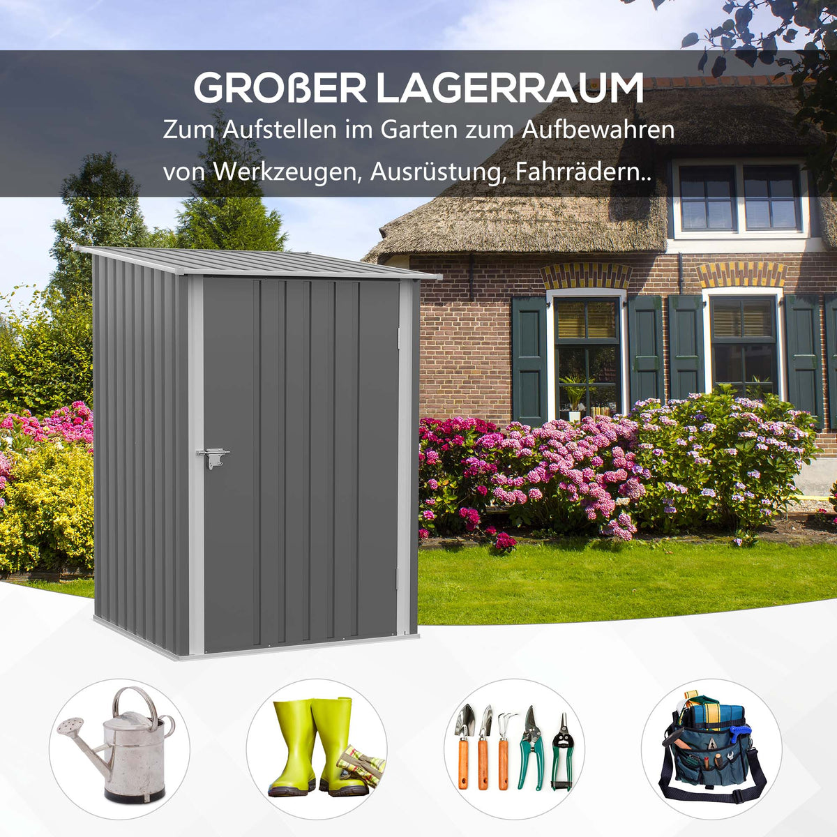 Steel Garden Shed Lockable Cabinet Pent Roof 100x103x160cm, Grey