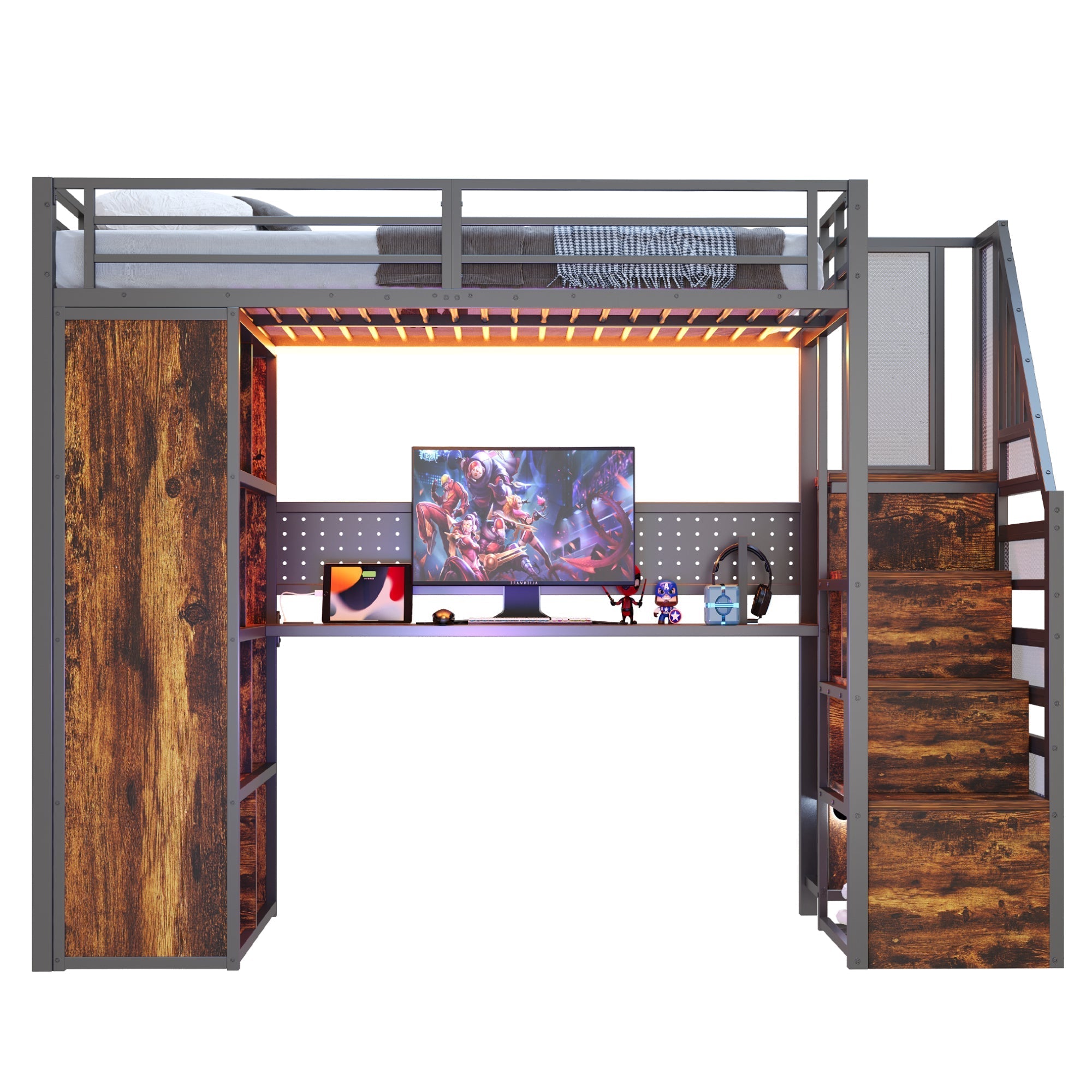 Metal Loft Bed with Wardrobe, Desk and LED Light Strip, Black Metal