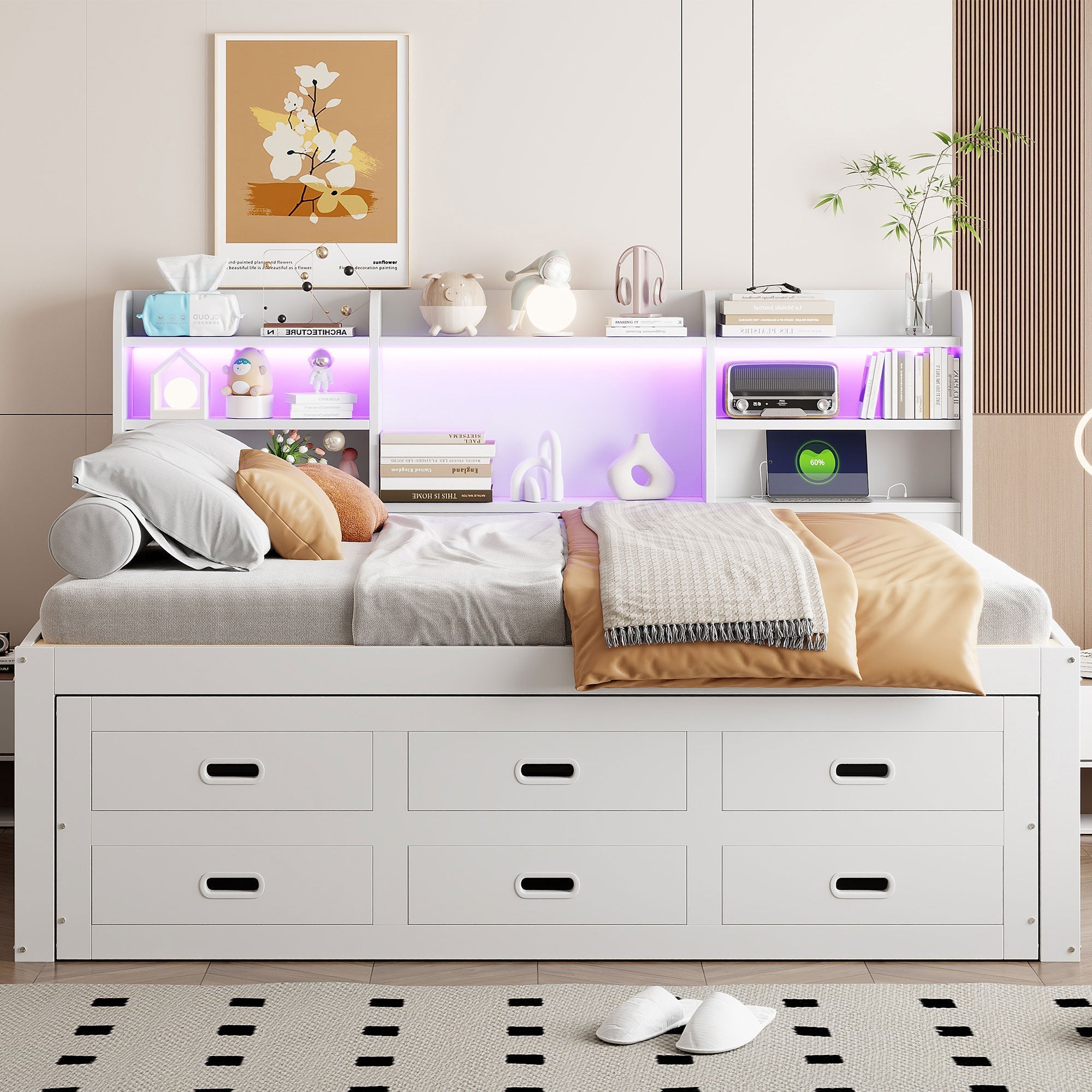 Daybed Sofa Bed 140x200cm Multifunctional Extendable with LED Lights 3 Drawers USB/Type-C White